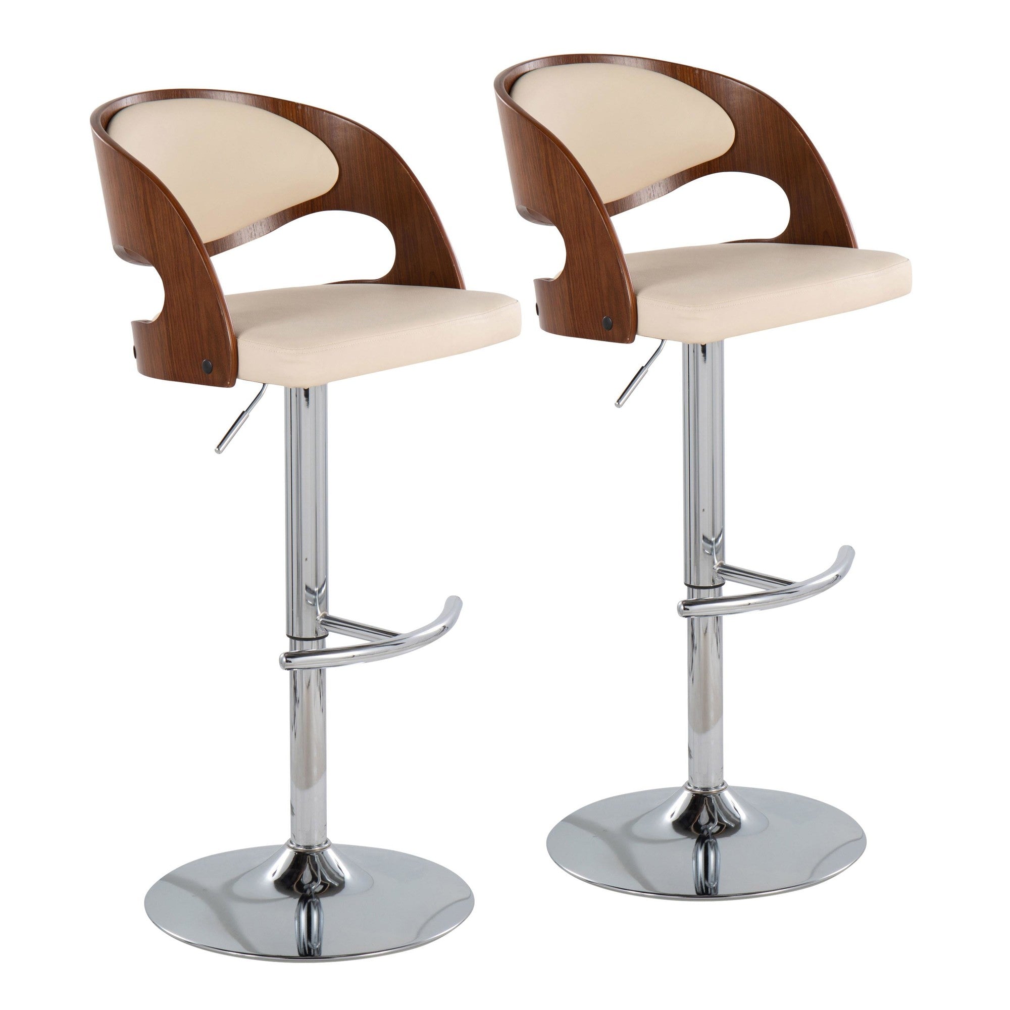 Pino Adjustable Barstool - Set of 2 - Chrome, Walnut Wood, Cream PU