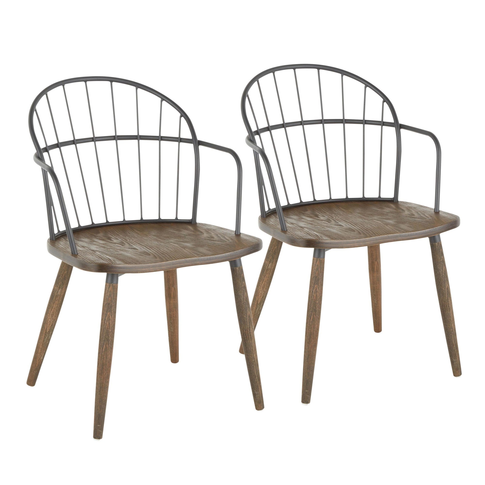 Riley Arm Chair - Set of 2 - Dark Walnut Wood, Brown Wood, Black Metal