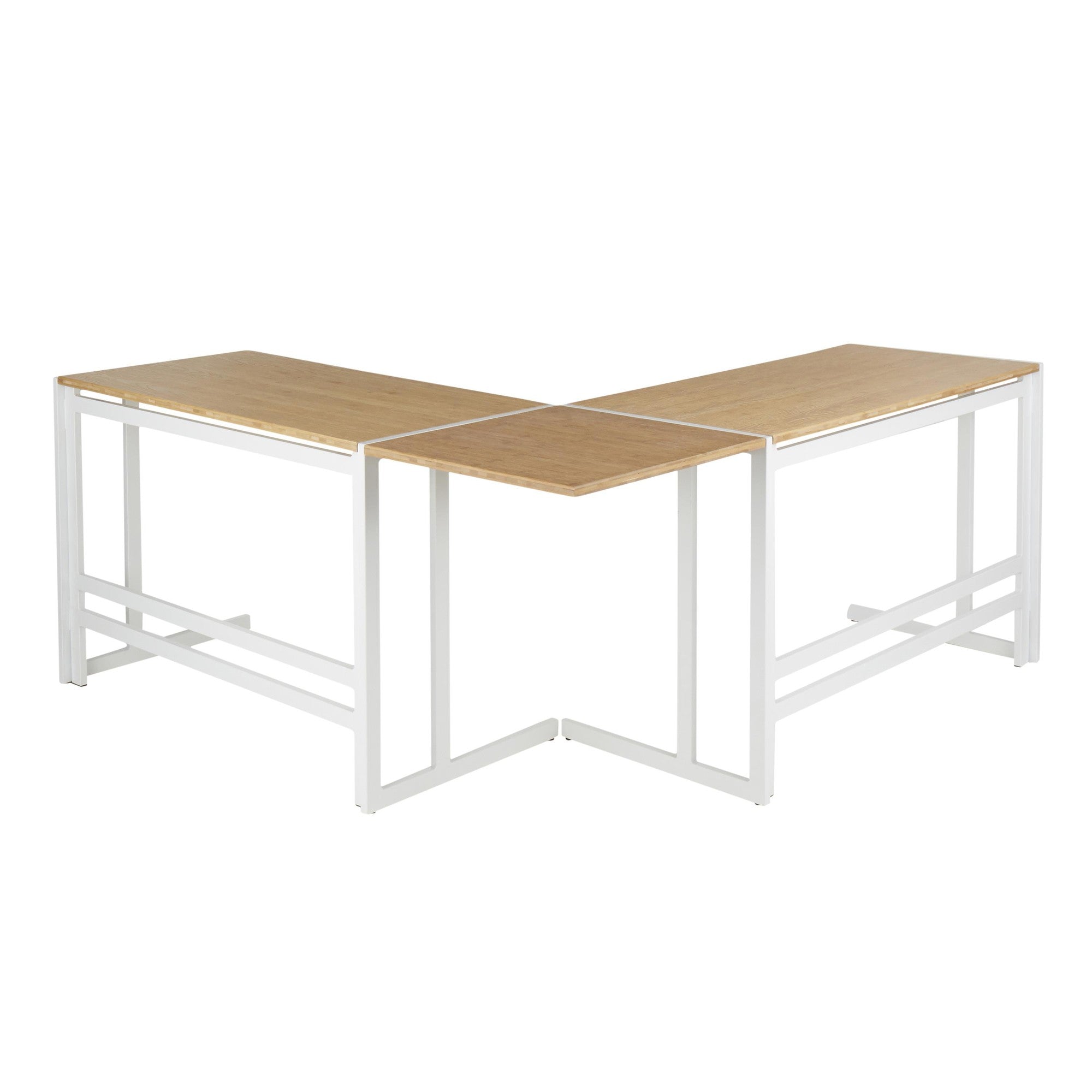 Roman Office Desk - L Shaped Set - White Metal, Natural Bamboo
