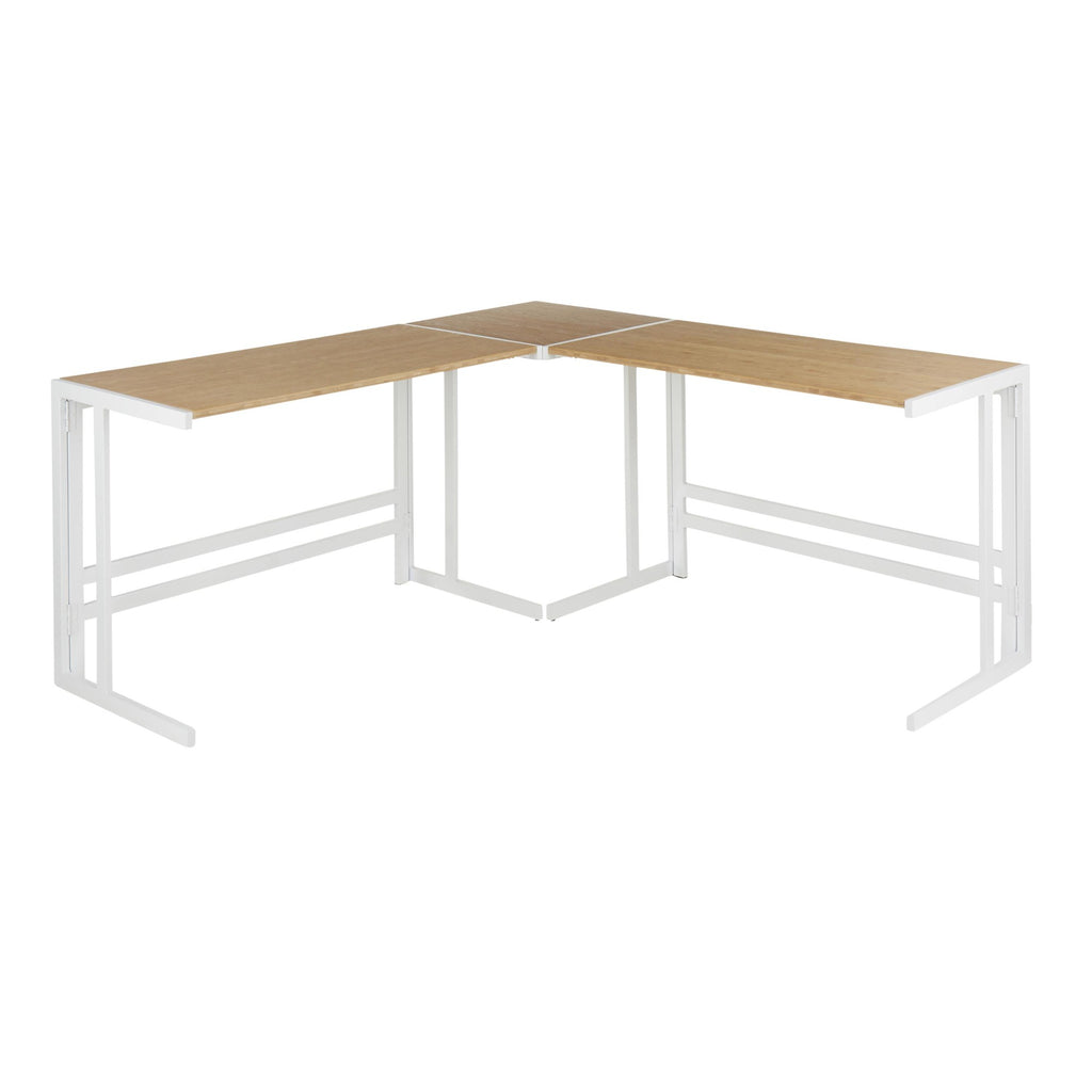 Roman Office Desk - L Shaped Set - White Metal, Natural Bamboo