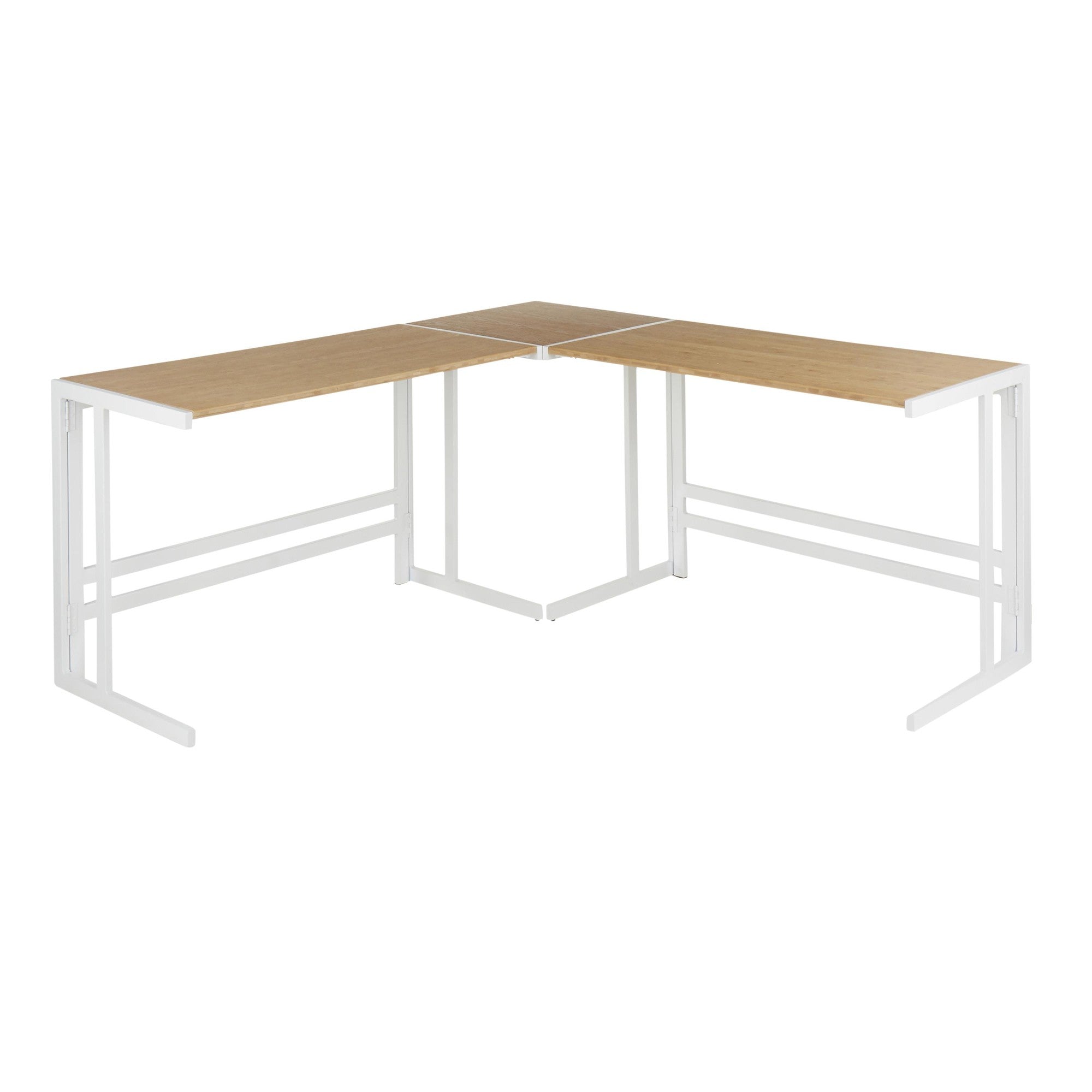 Roman Office Desk - L Shaped Set - White Metal, Natural Bamboo