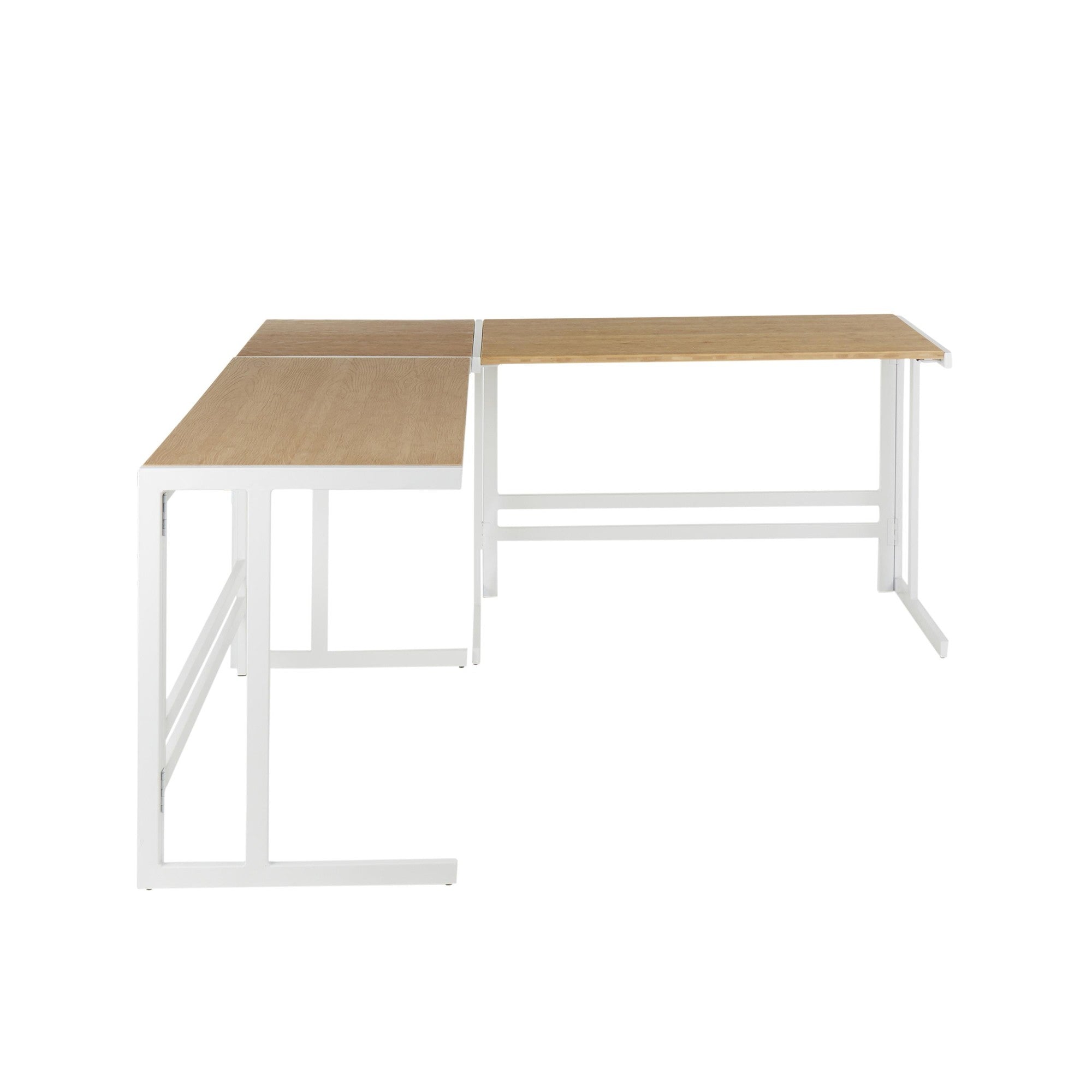 Roman Office Desk - L Shaped Set - White Metal, Natural Bamboo