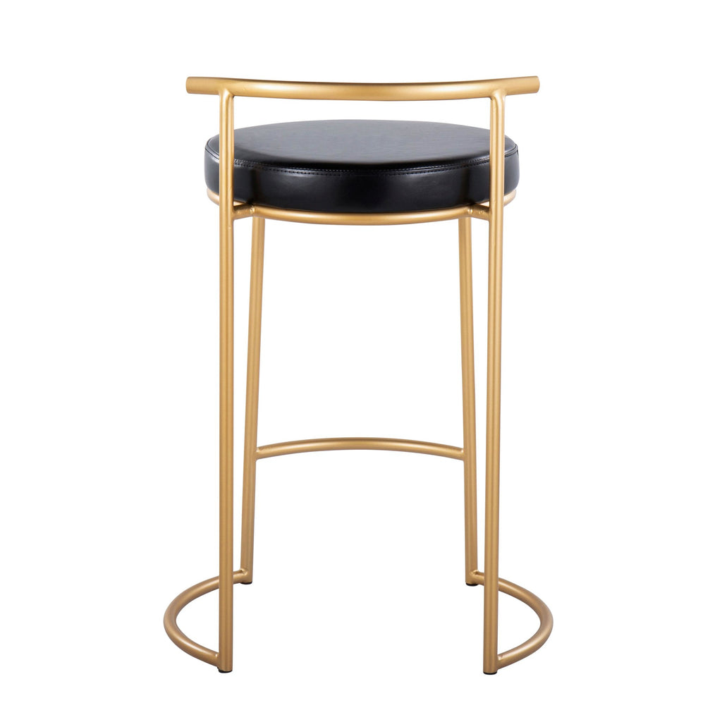 Round Fuji 26" Fixed-Height Counter Stool - Set of 2 - Gold Metal, Black PU