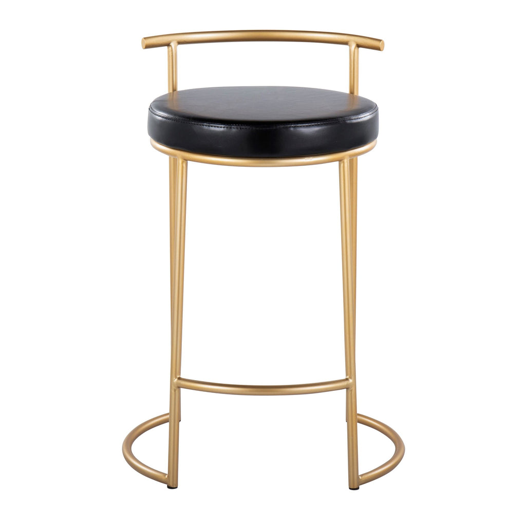 Round Fuji 26" Fixed-Height Counter Stool - Set of 2 - Gold Metal, Black PU