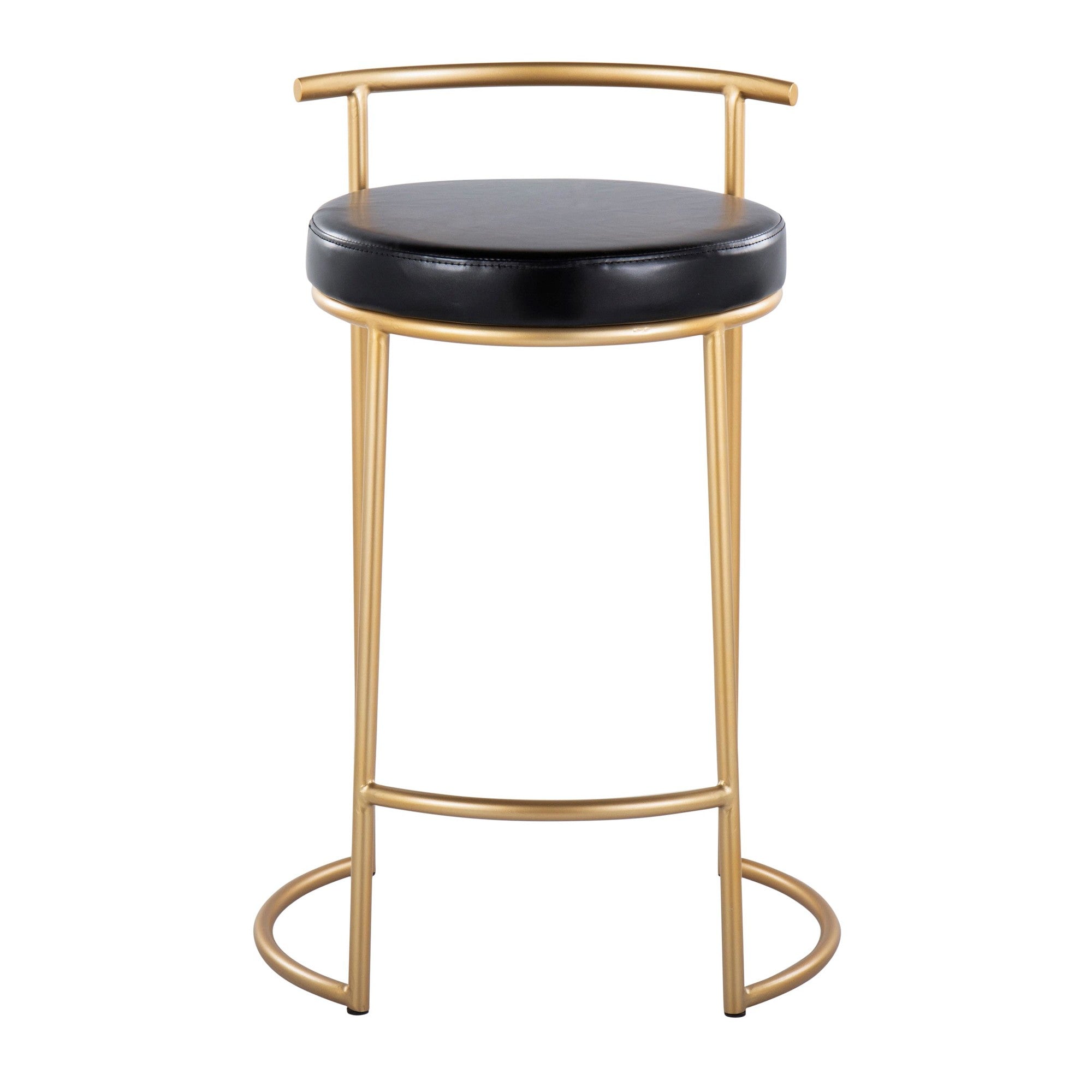 Round Fuji 26" Fixed-Height Counter Stool - Set of 2 - Gold Metal, Black PU