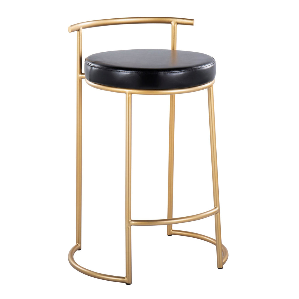 Round Fuji 26" Fixed-Height Counter Stool - Set of 2 - Gold Metal, Black PU
