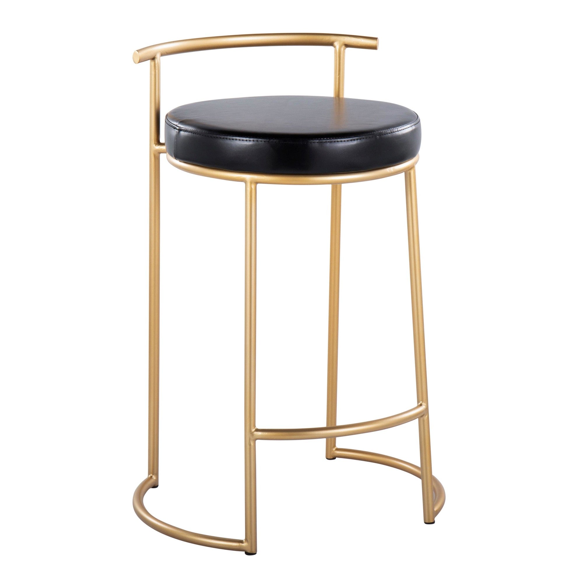 Round Fuji 26" Fixed-Height Counter Stool - Set of 2 - Gold Metal, Black PU