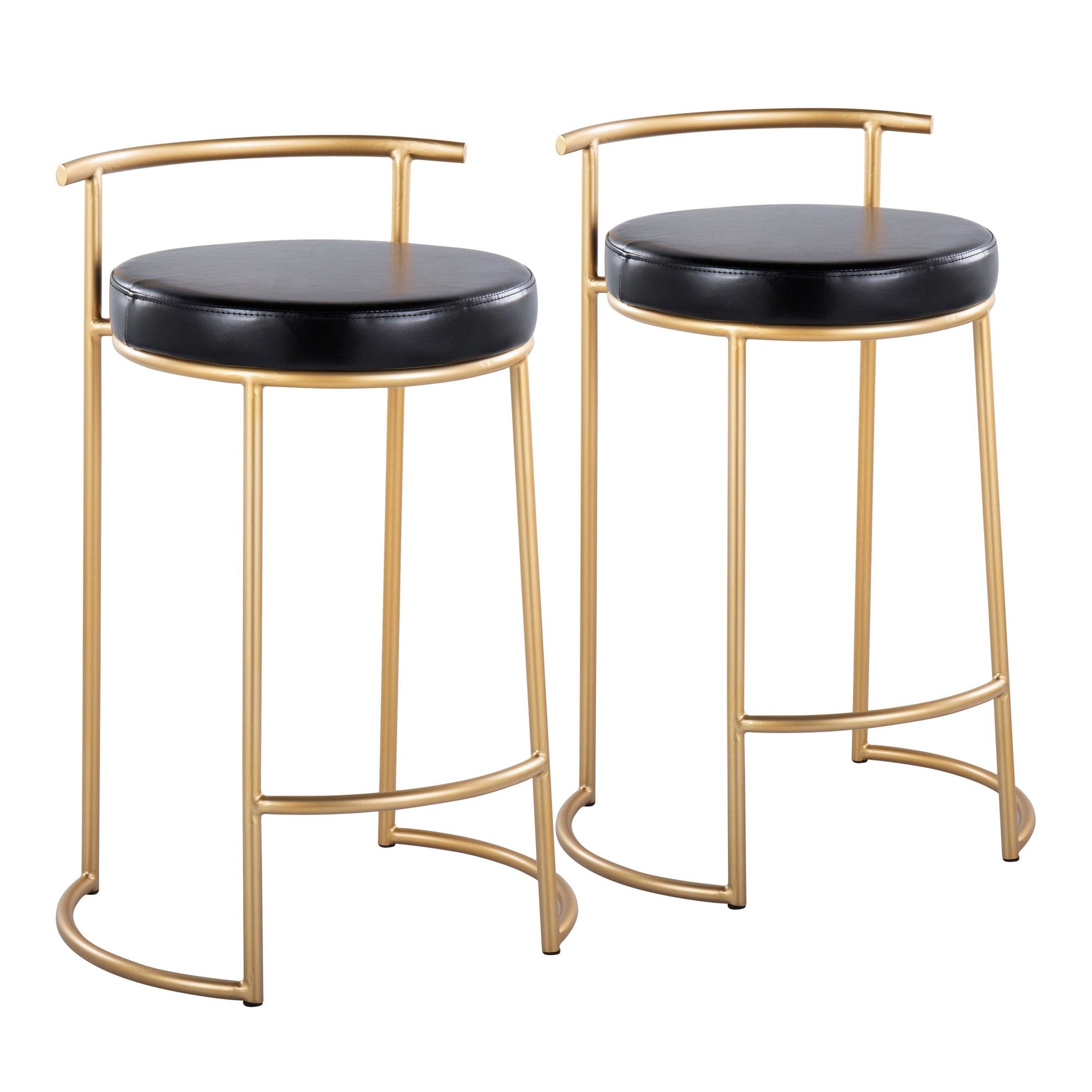 Round Fuji 26" Fixed-Height Counter Stool - Set of 2 - Gold Metal, Black PU
