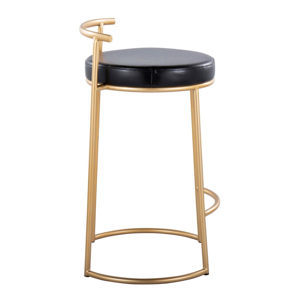 Round Fuji 26" Fixed-Height Counter Stool - Set of 2 - Gold Metal, Black PU