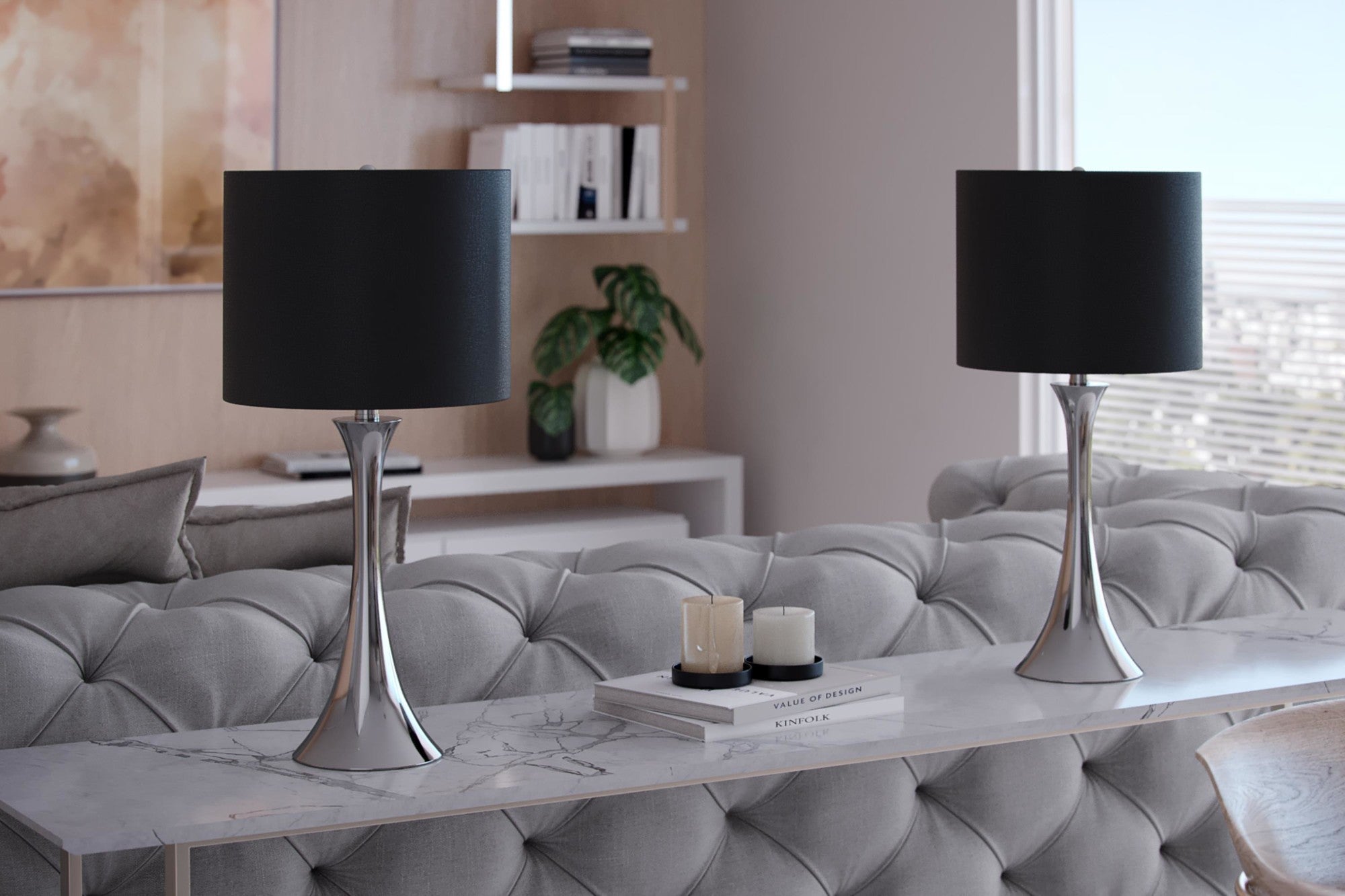 Lenuxe 24" Metal Table Lamp - Set of 2 - Polished Nickel, Black Silk