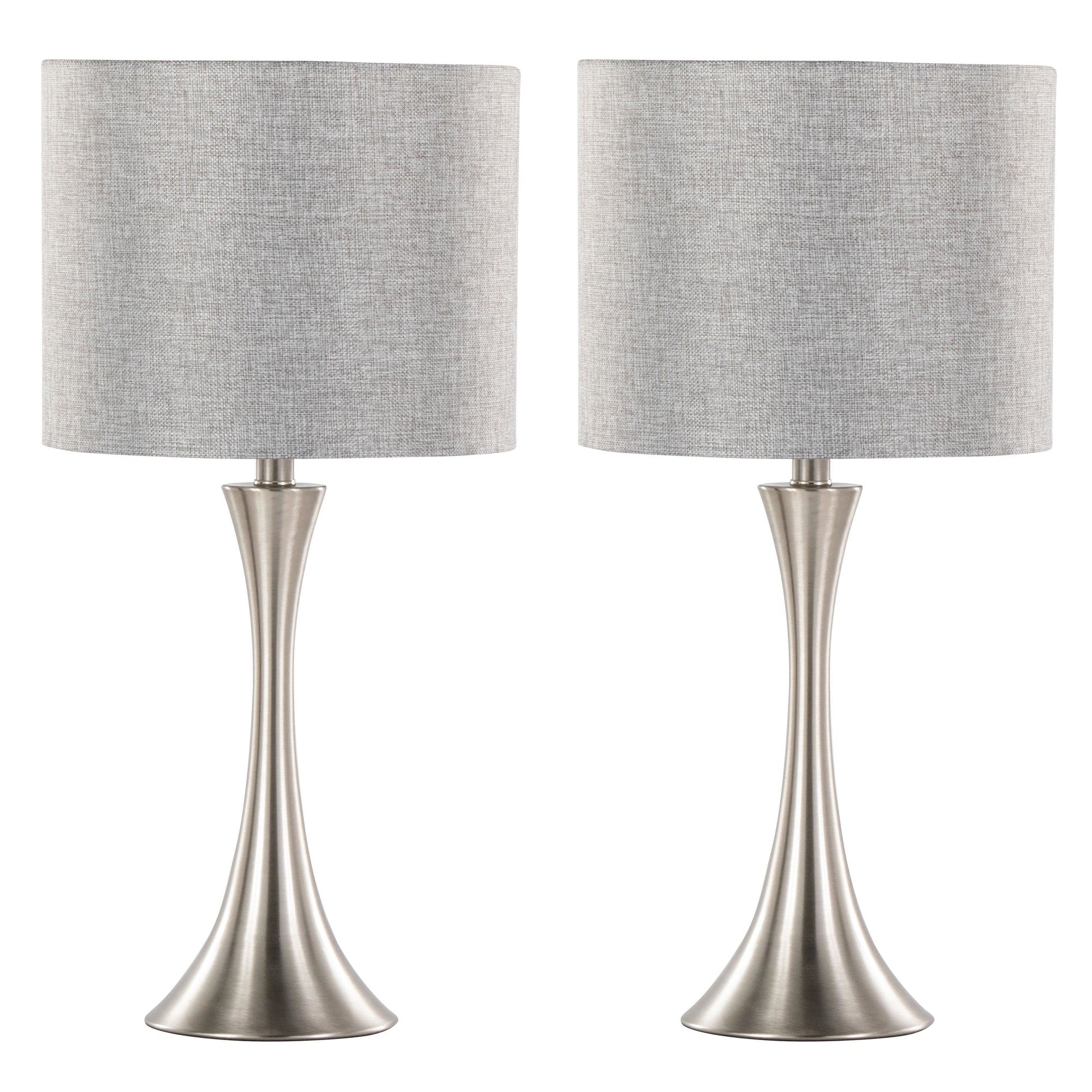 Lenuxe 24" Metal Table Lamp - Set of 2 - Polished Nickel, Grey Sparkly Linen, Silver Metallic Threading
