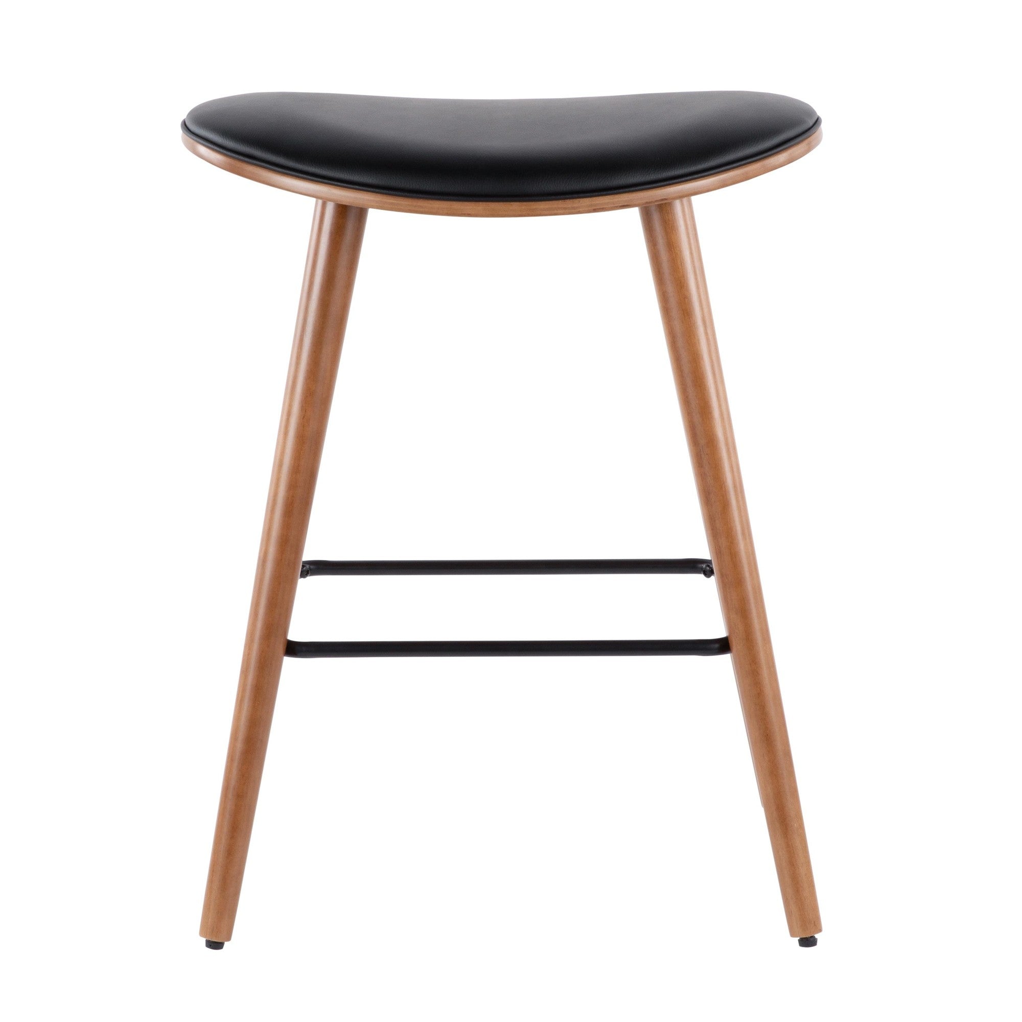 Saddle 26" Fixed-Height Counter Stool - Set of 2 - Walnut Wood, Black PU, Black Metal