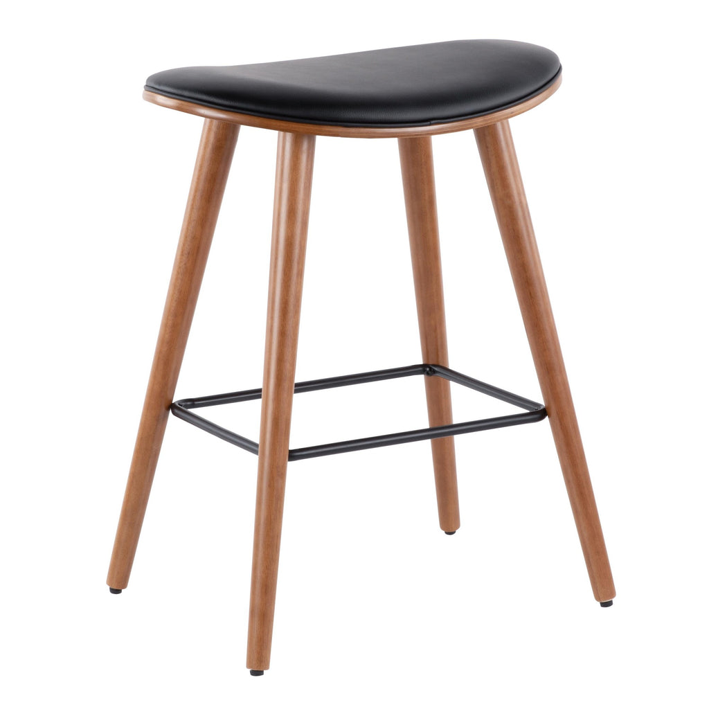 Saddle 26" Fixed-Height Counter Stool - Set of 2 - Walnut Wood, Black PU, Black Metal