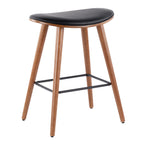 Saddle 26" Fixed-Height Counter Stool - Set of 2 - Walnut Wood, Black PU, Black Metal