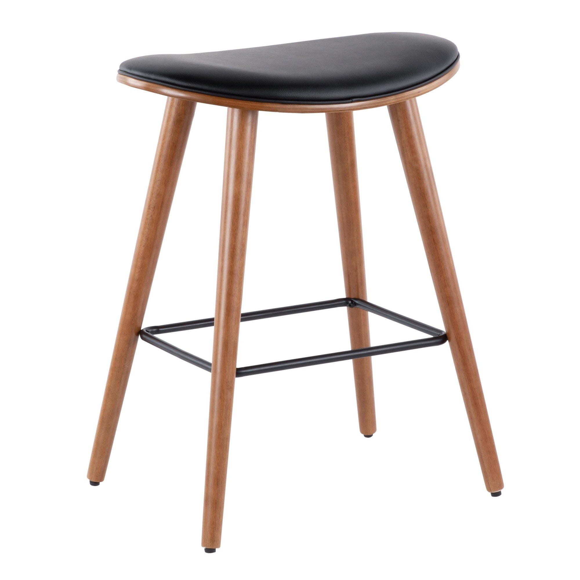 Saddle 26" Fixed-Height Counter Stool - Set of 2 - Walnut Wood, Black PU, Black Metal