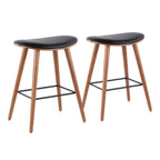 Saddle 26" Fixed-Height Counter Stool - Set of 2 - Walnut Wood, Black PU, Black Metal