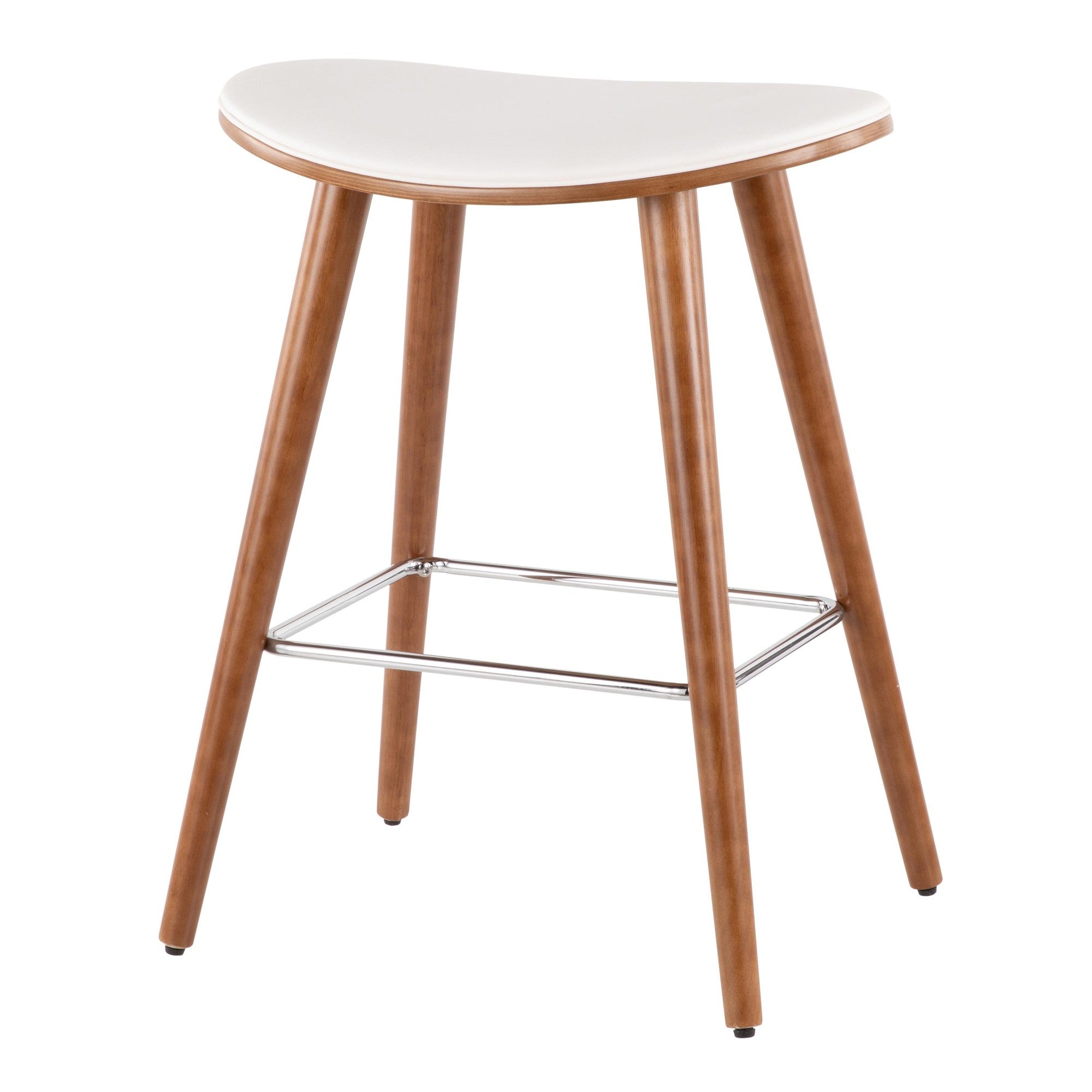 Saddle 26" Fixed-Height Counter Stool - Set of 2 - Walnut Wood, White PU, Chrome