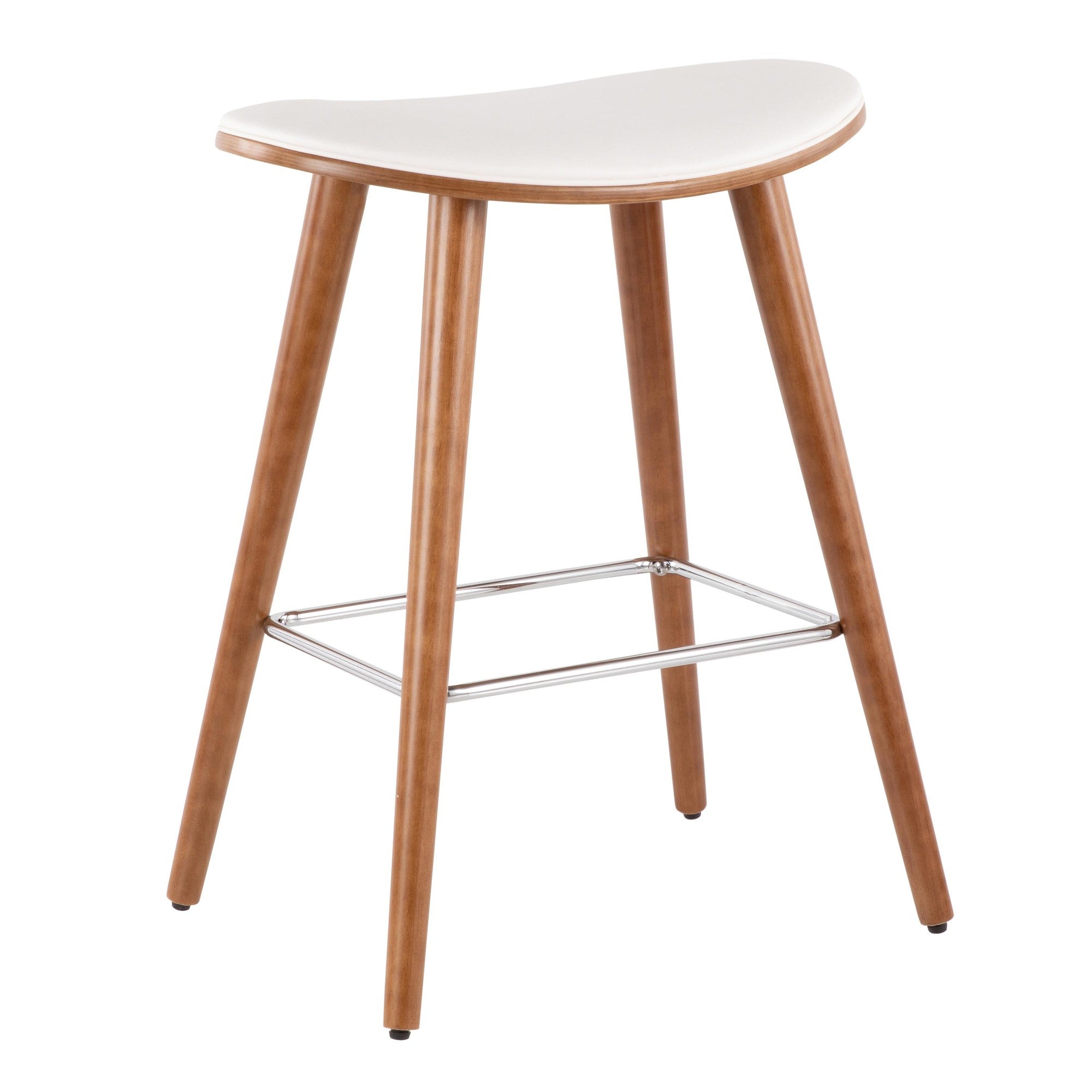 Saddle 26" Fixed-Height Counter Stool - Set of 2 - Walnut Wood, White PU, Chrome