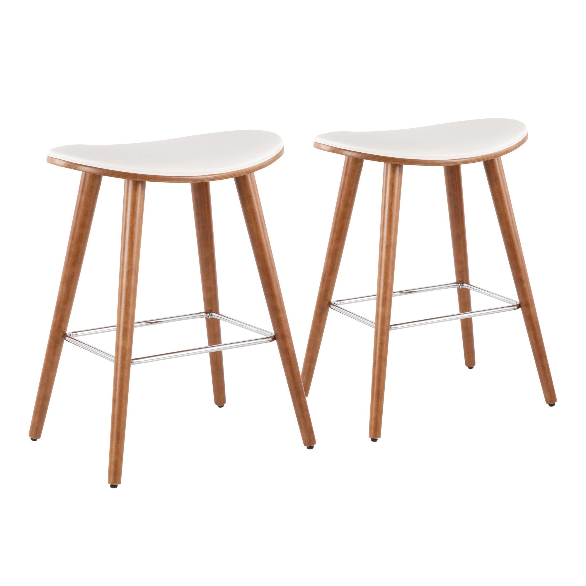 Saddle 26" Fixed-Height Counter Stool - Set of 2 - Walnut Wood, White PU, Chrome