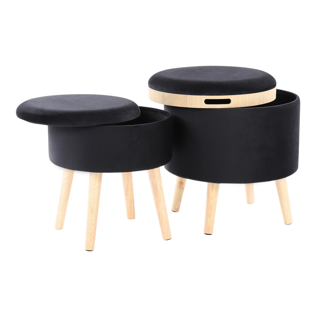 Tray Storage Ottoman Set - Natural Wood, Black Velvet