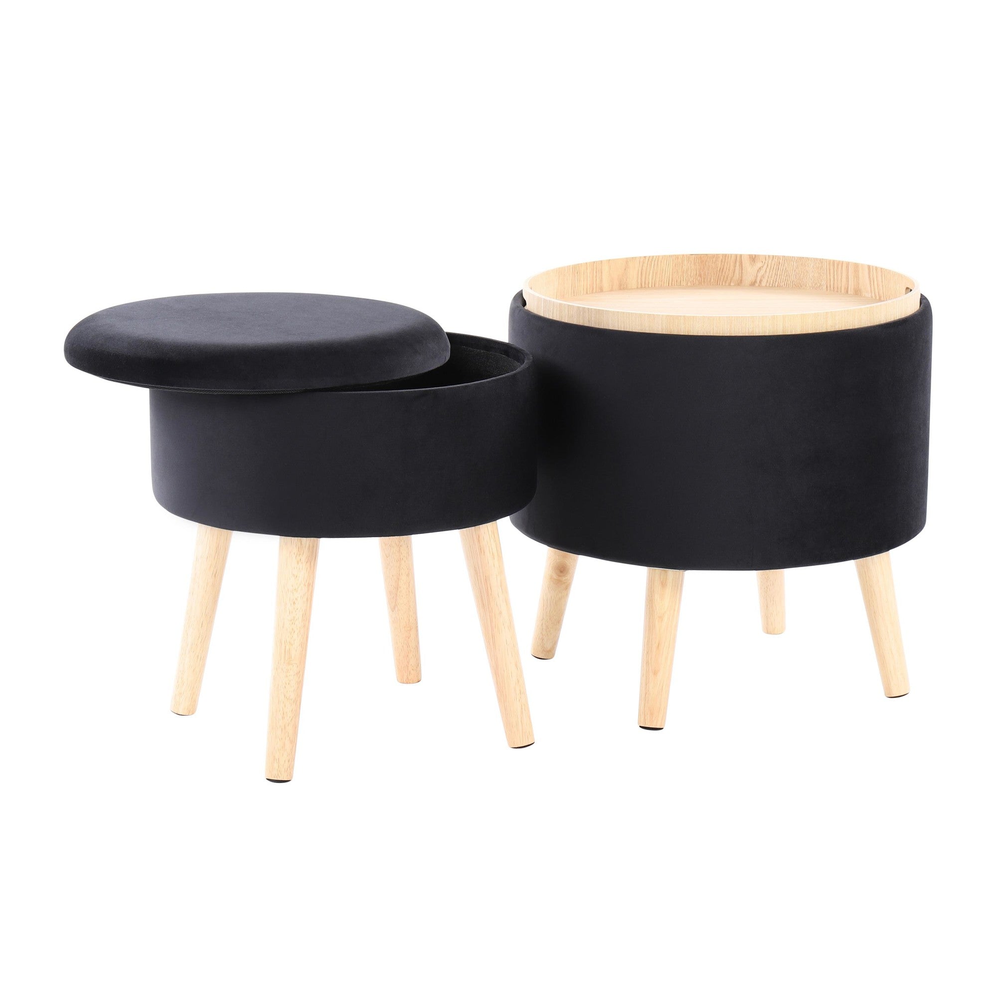 Tray Storage Ottoman Set - Natural Wood, Black Velvet