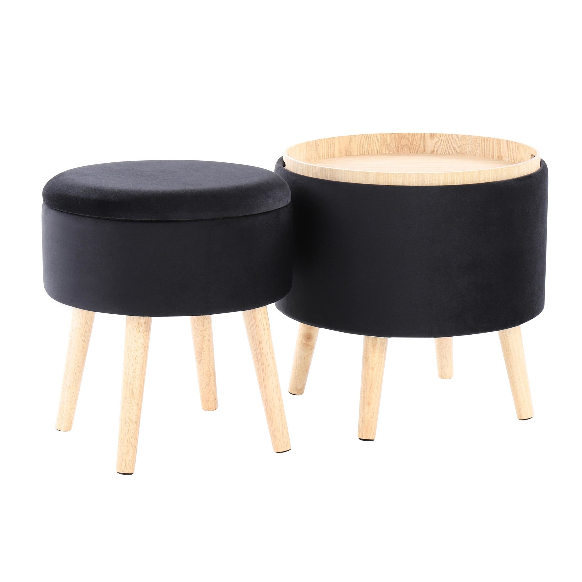 Tray Storage Ottoman Set - Natural Wood, Black Velvet