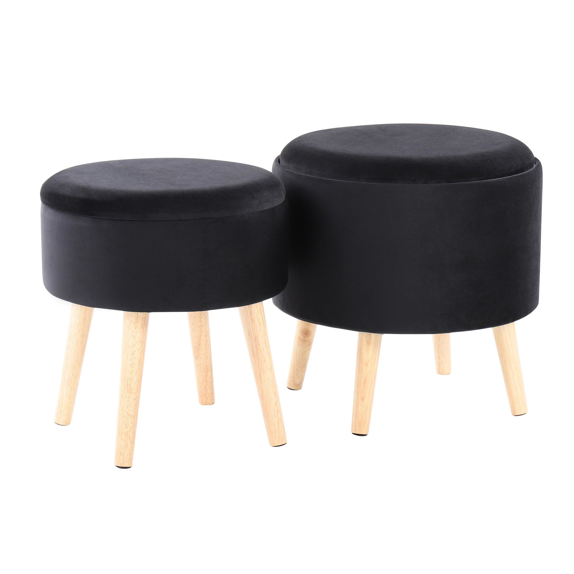 Tray Storage Ottoman Set - Natural Wood, Black Velvet
