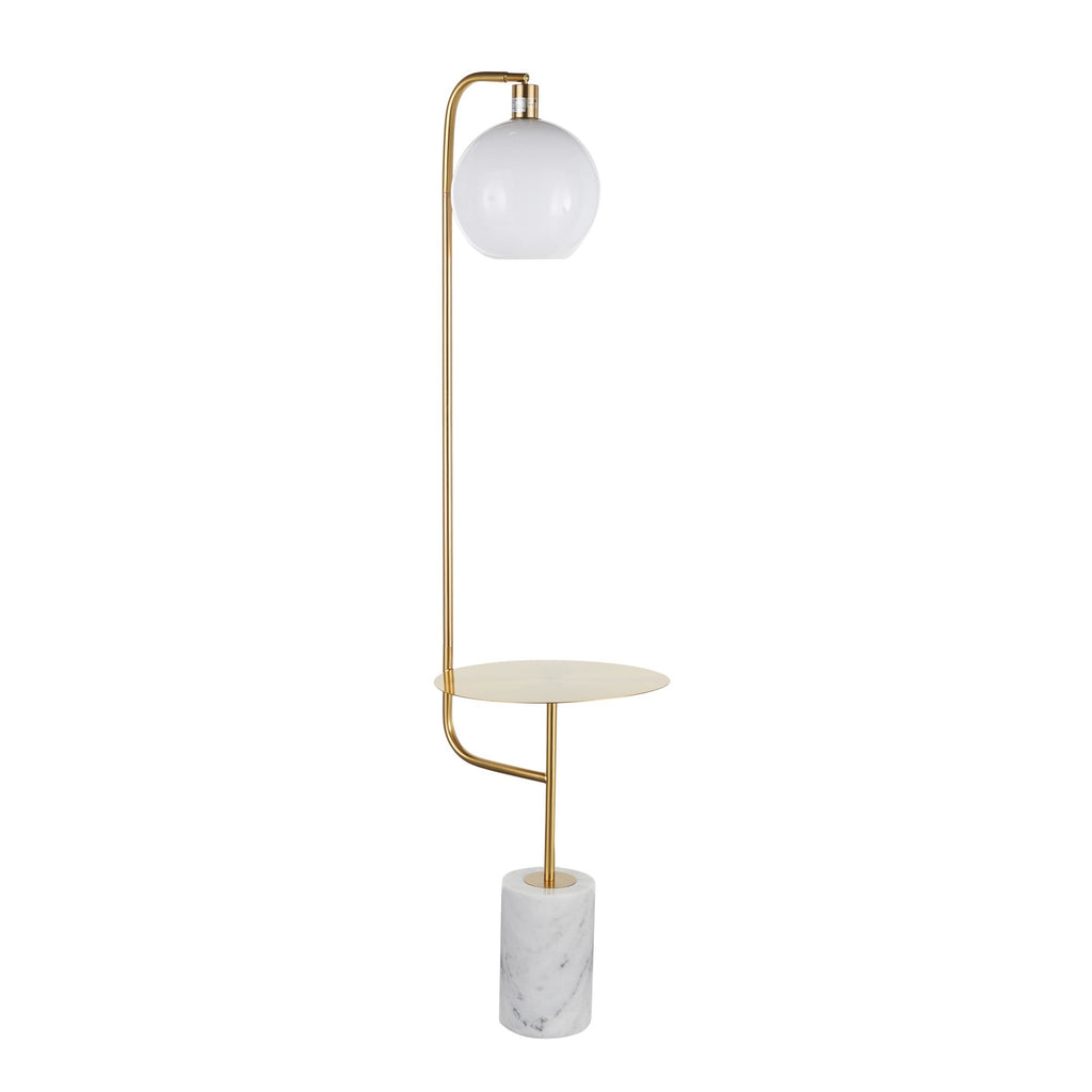 Symbol Floor Lamp With Side Table - White Marble, Gold Metal, White Shade