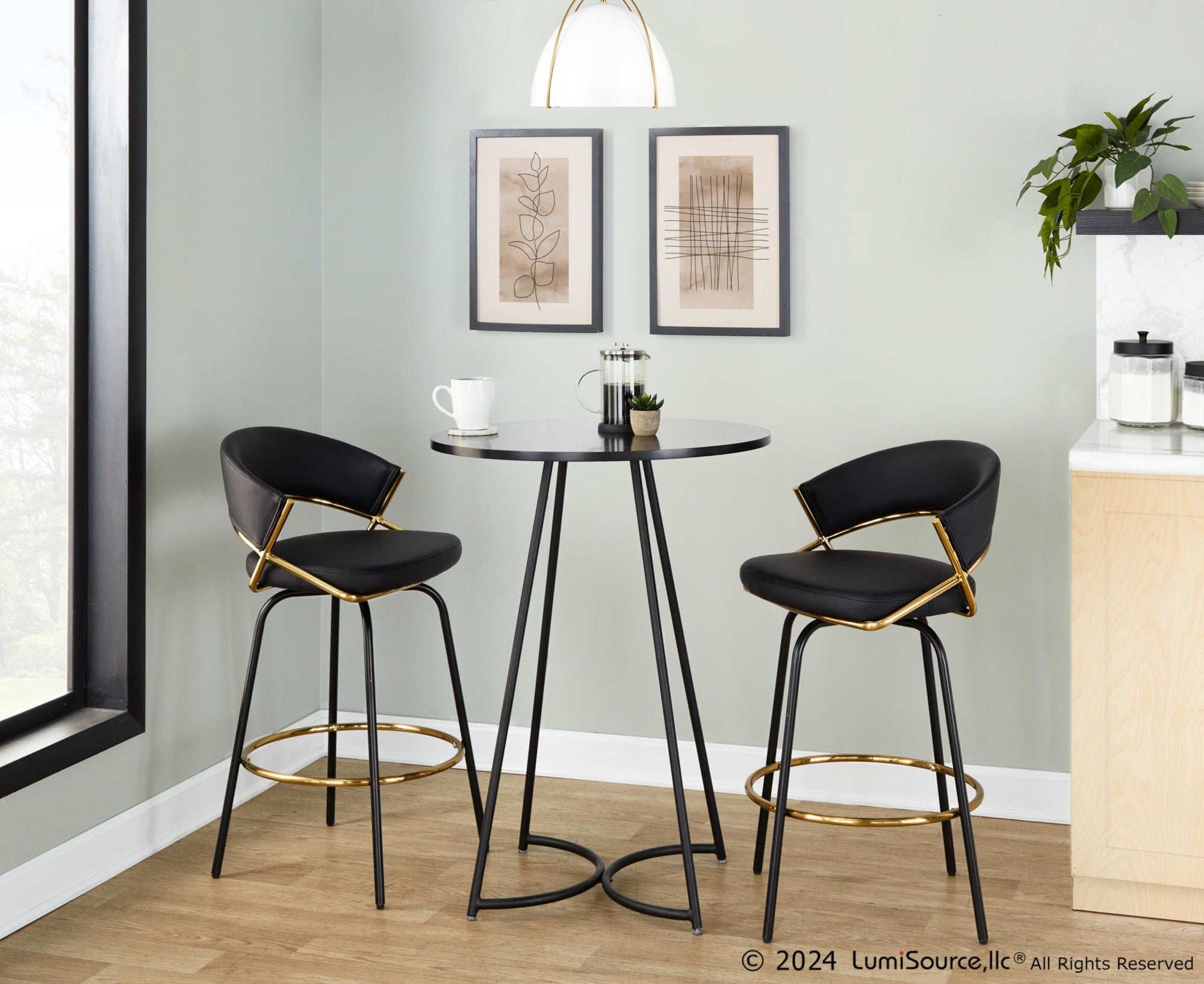 Jie 26" Fixed-Height Counter Stool - Set of 2 - Black Metal, Gold Metal, Black PU