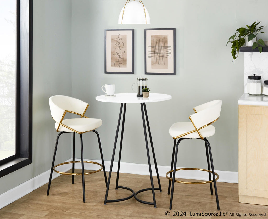 Jie 26" Fixed-Height Counter Stool - Set of 2 - Black Metal, Gold Metal, White PU