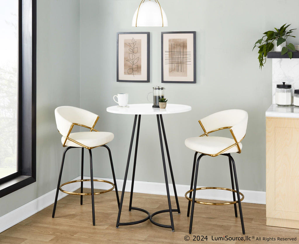Jie 26" Fixed-Height Counter Stool - Set of 2 - Black Metal, Gold Metal, White PU