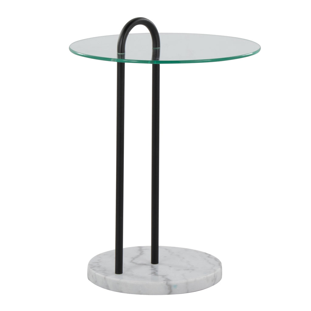 Claire Side Table - White Marble, Black Metal, Clear Glass