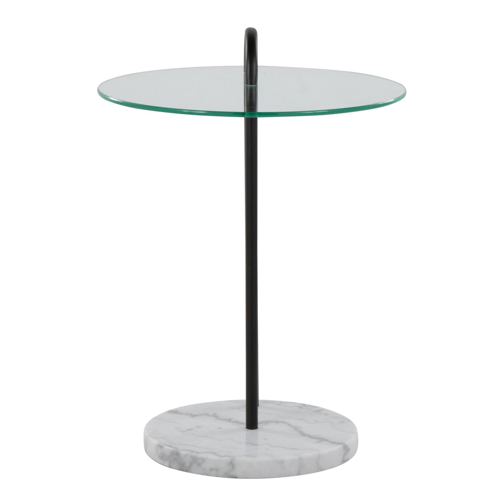 Claire Side Table - White Marble, Black Metal, Clear Glass