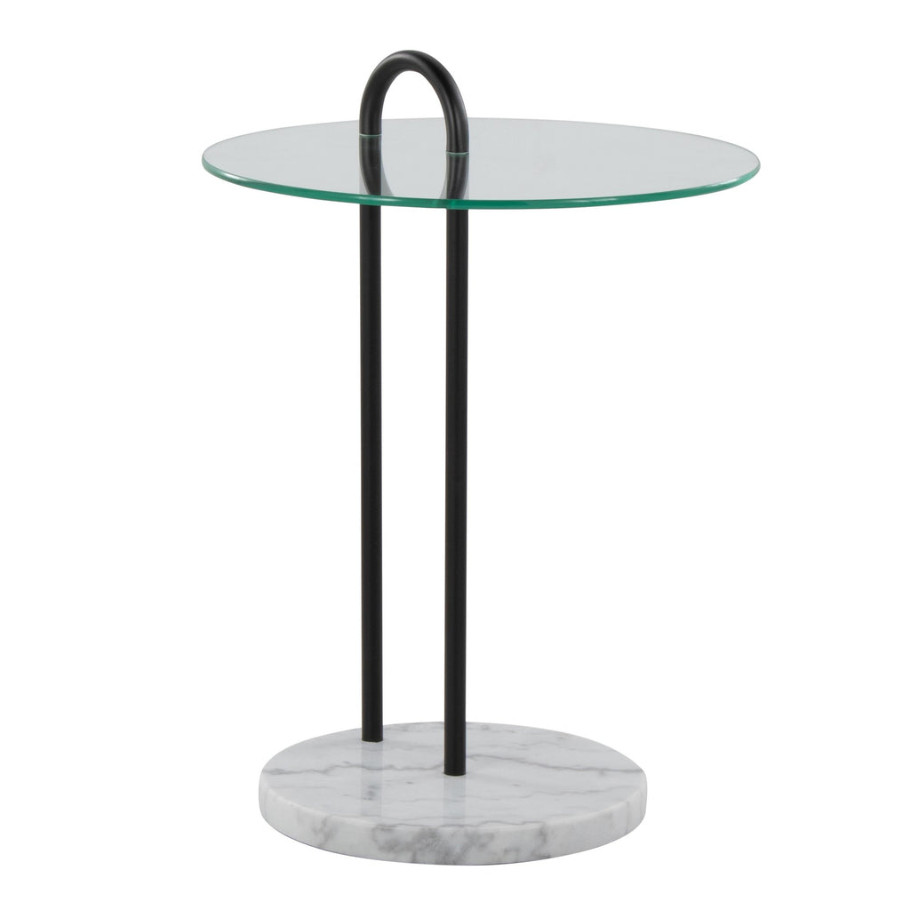 Claire Side Table - White Marble, Black Metal, Clear Glass