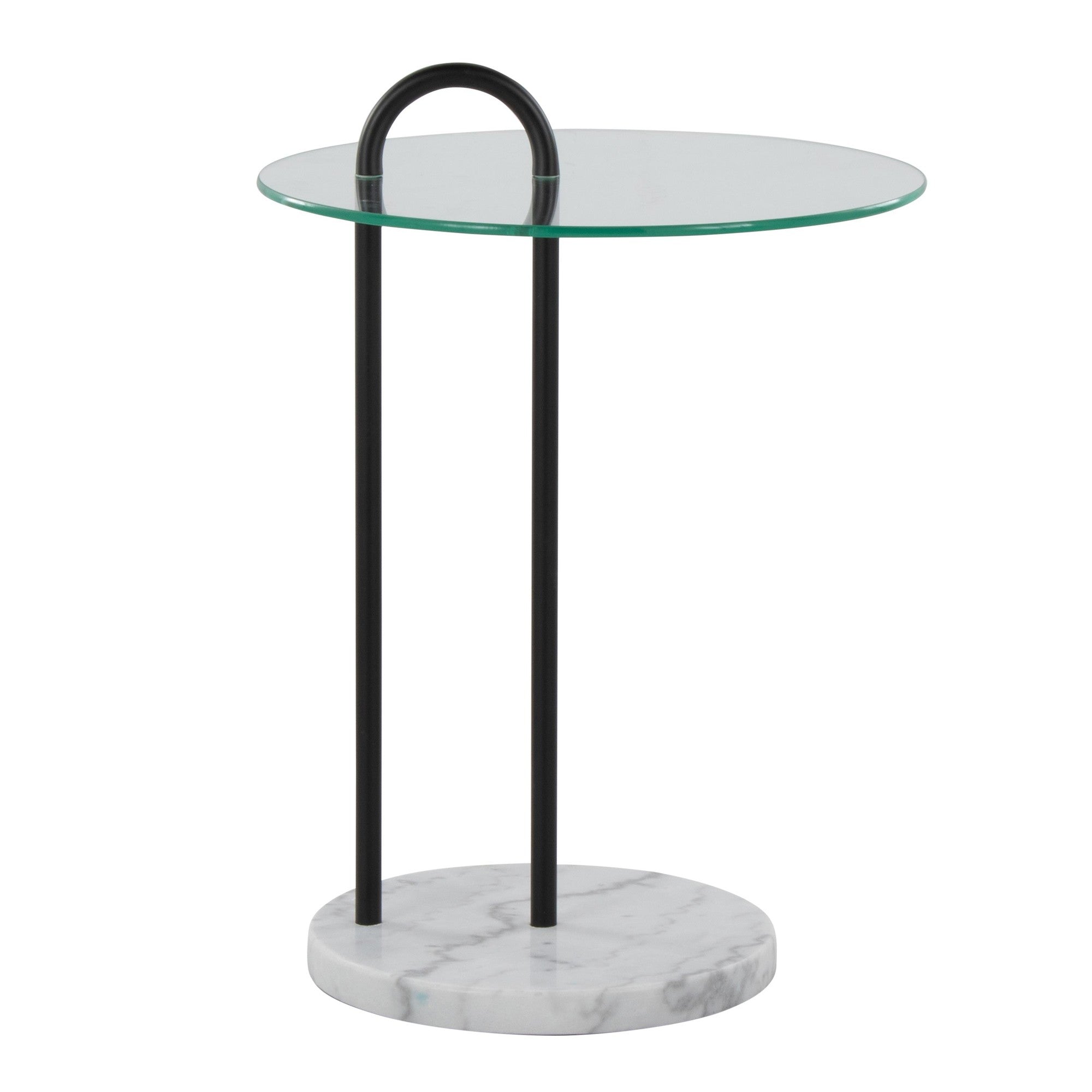 Claire Side Table - White Marble, Black Metal, Clear Glass