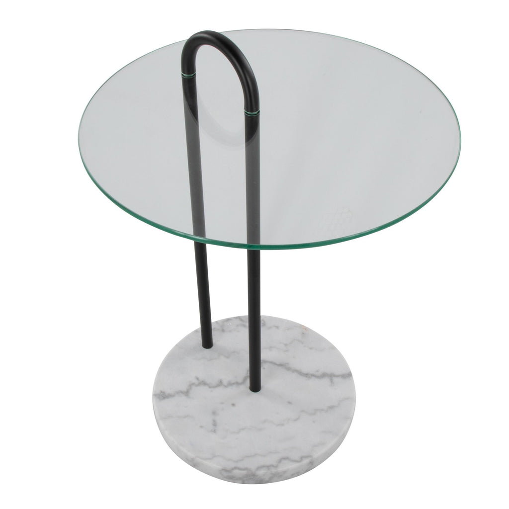 Claire Side Table - White Marble, Black Metal, Clear Glass