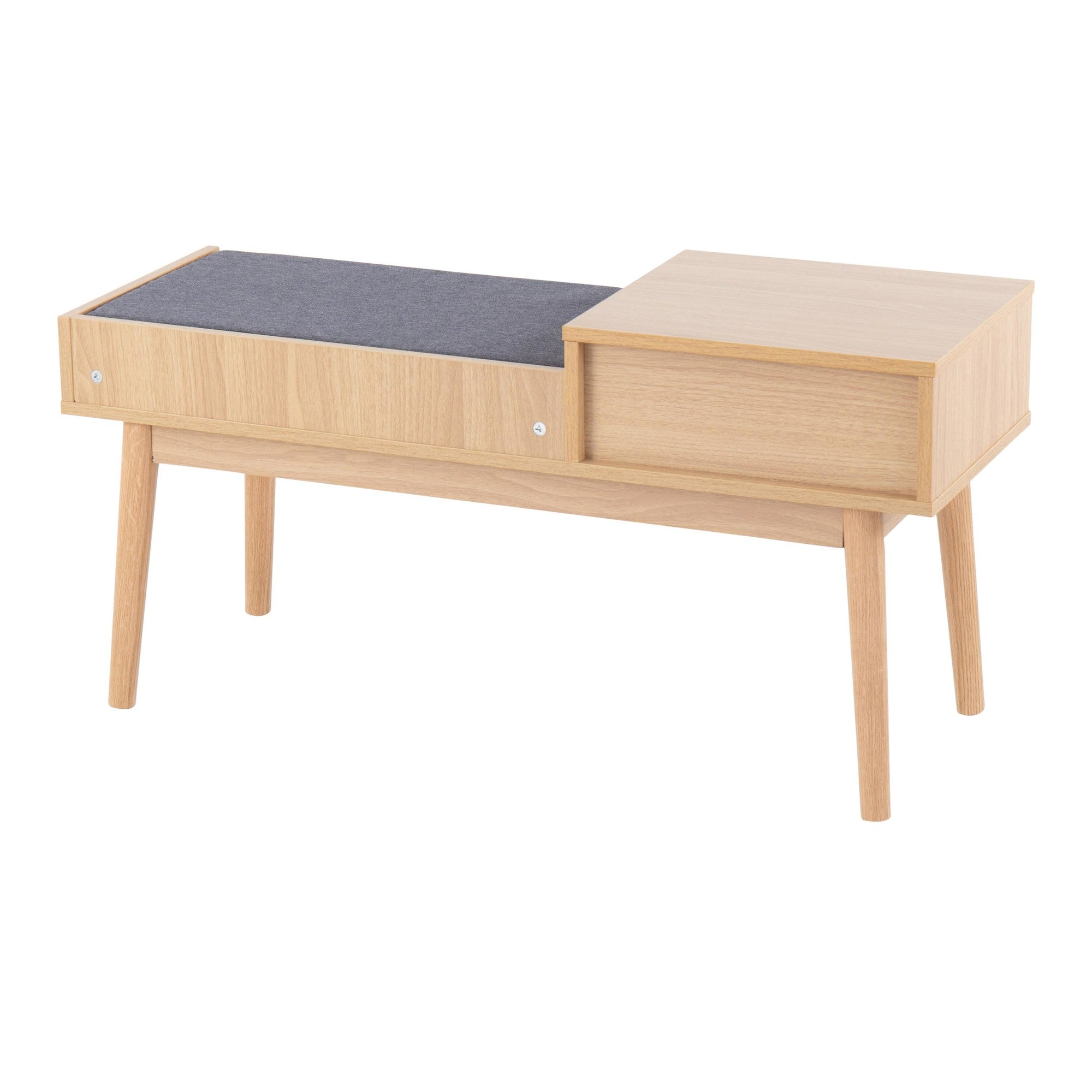 Telephone Bench - Natural Wood, Grey Fabric