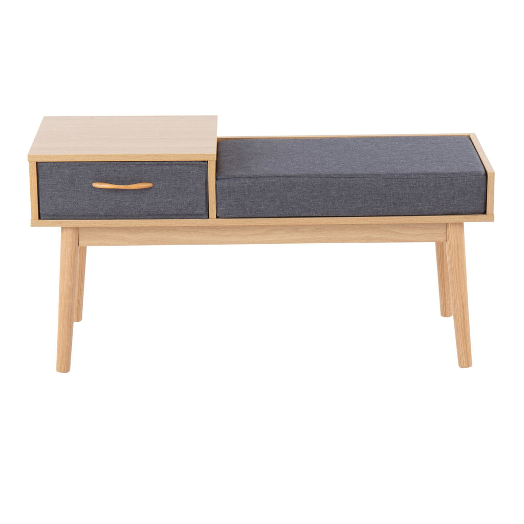 Telephone Bench - Natural Wood, Grey Fabric