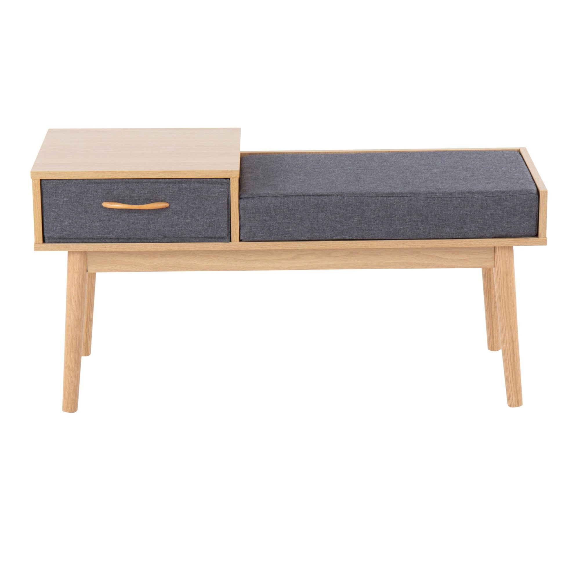 Telephone Bench - Natural Wood, Grey Fabric