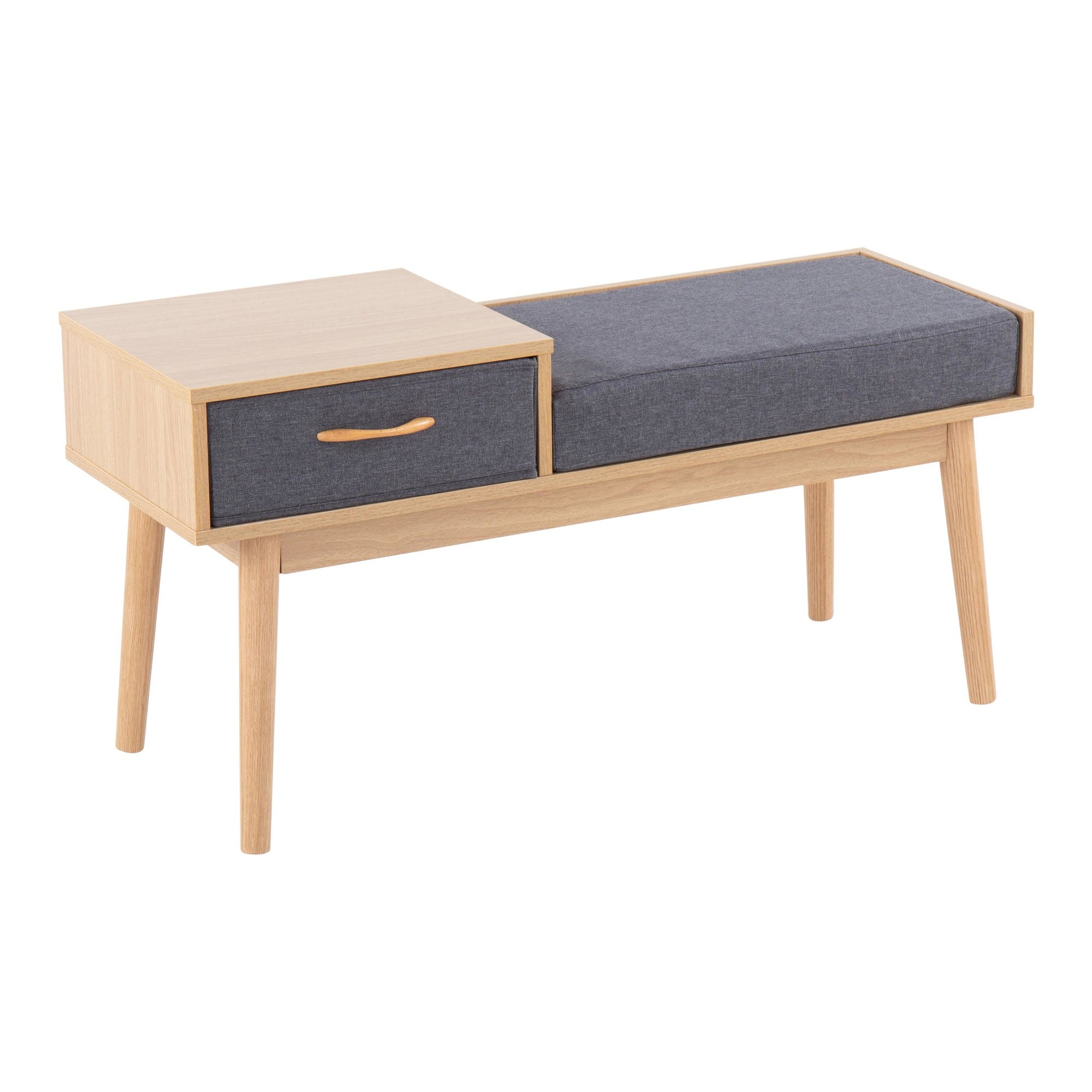 Telephone Bench - Natural Wood, Grey Fabric