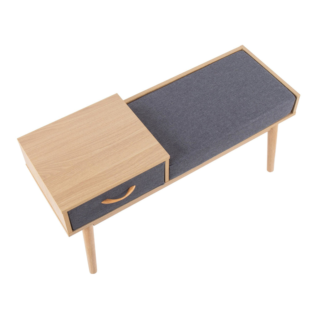 Telephone Bench - Natural Wood, Grey Fabric