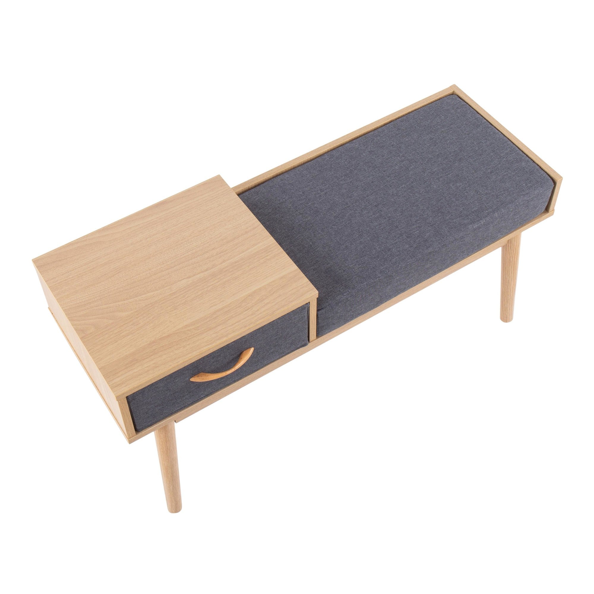 Telephone Bench - Natural Wood, Grey Fabric