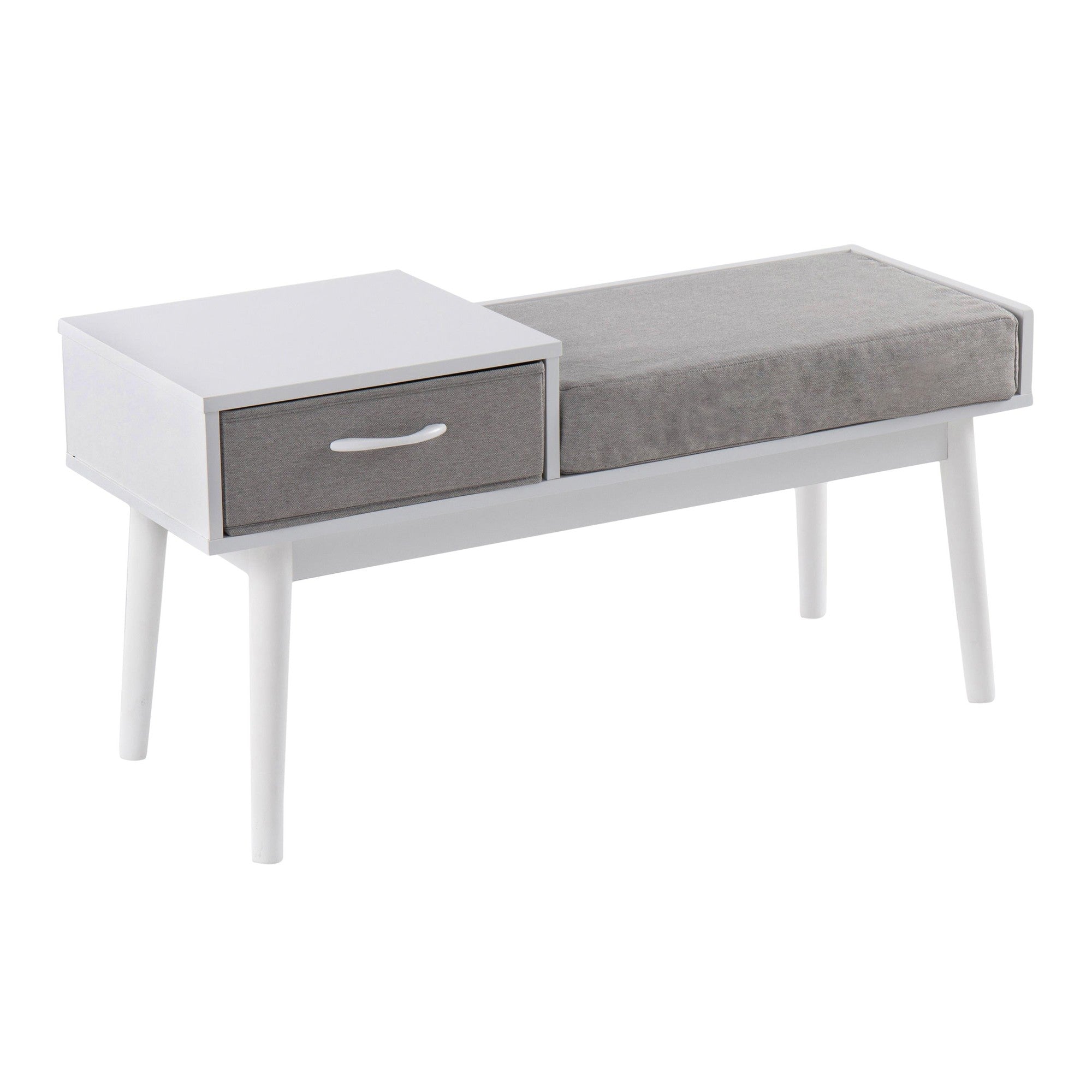 Telephone Bench - White Wood, Grey Fabric