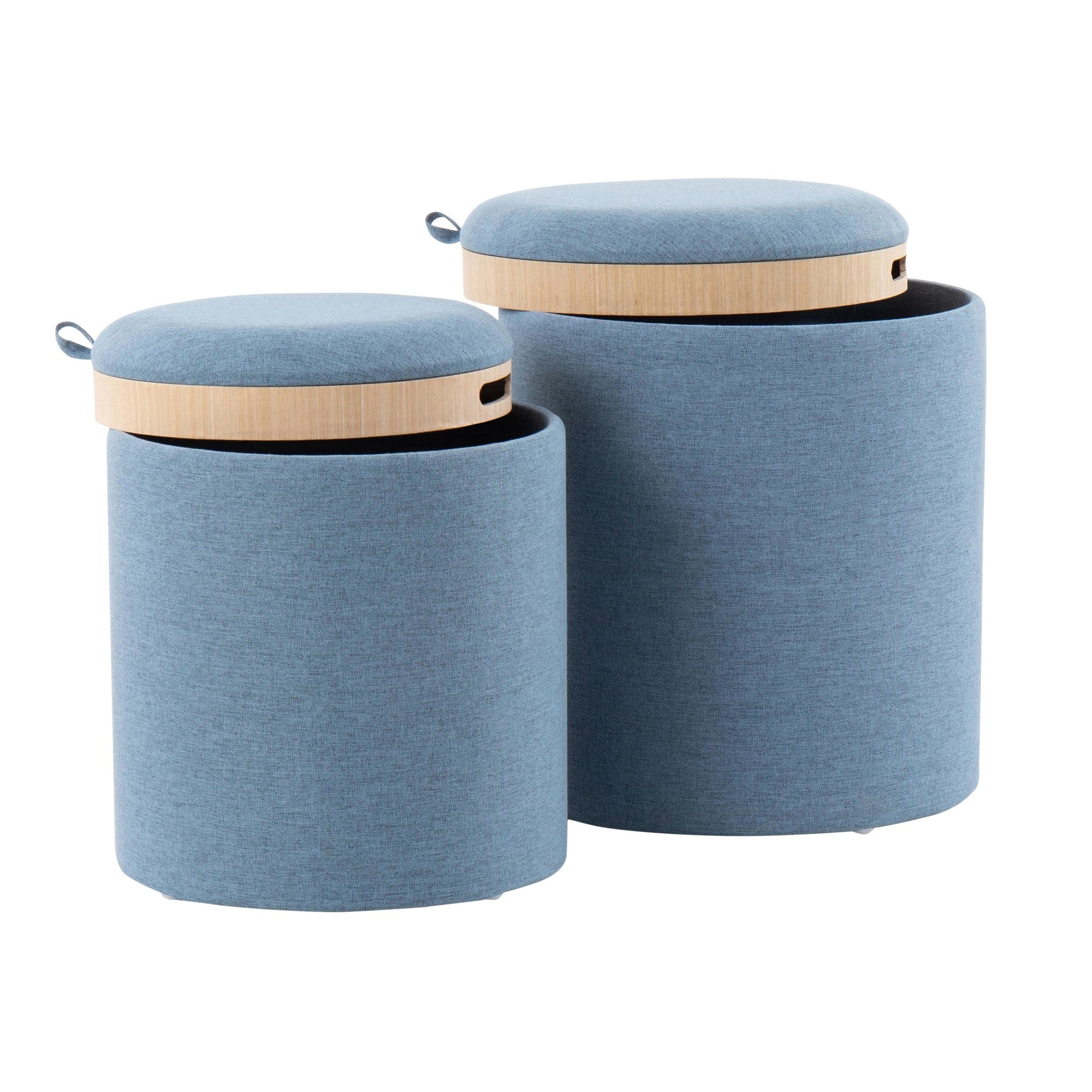 Tray Nesting Ottoman Set - Blue Fabric, Natural Wood