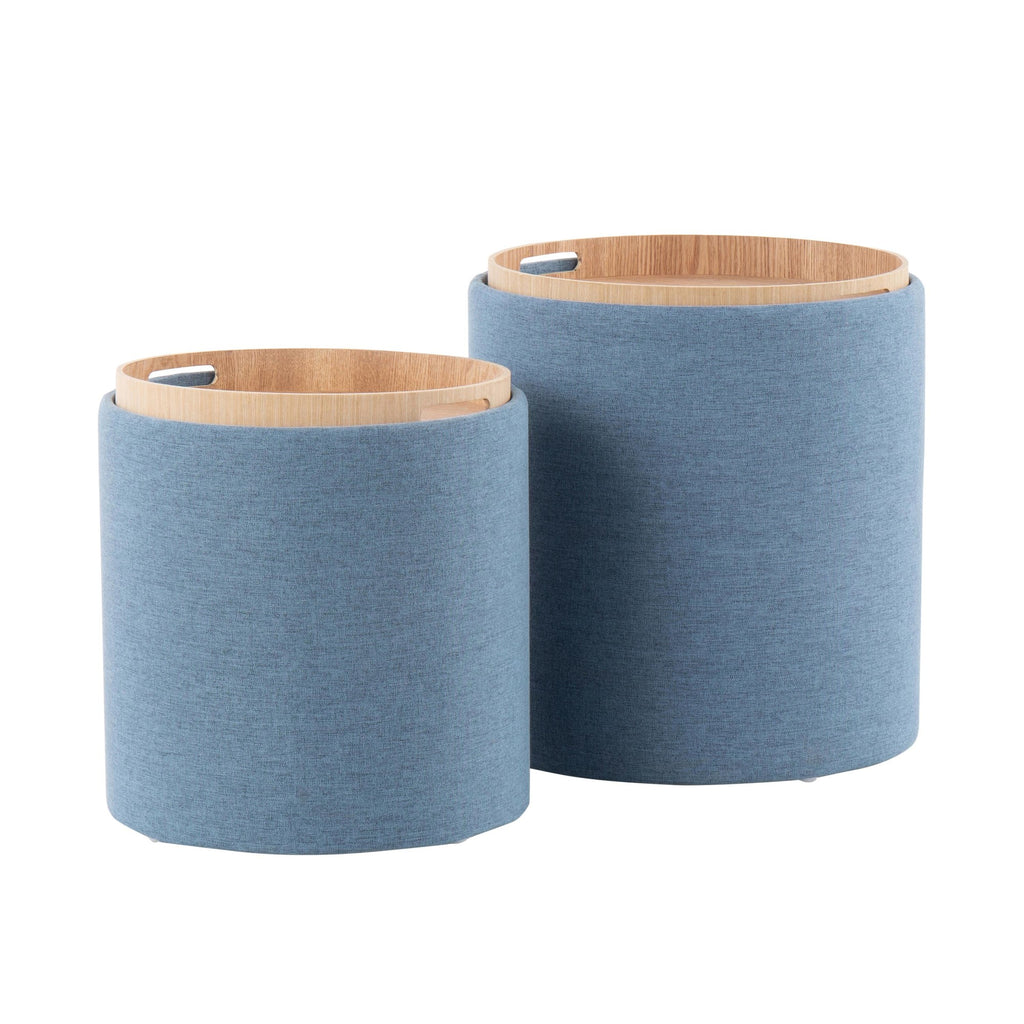 Tray Nesting Ottoman Set - Blue Fabric, Natural Wood