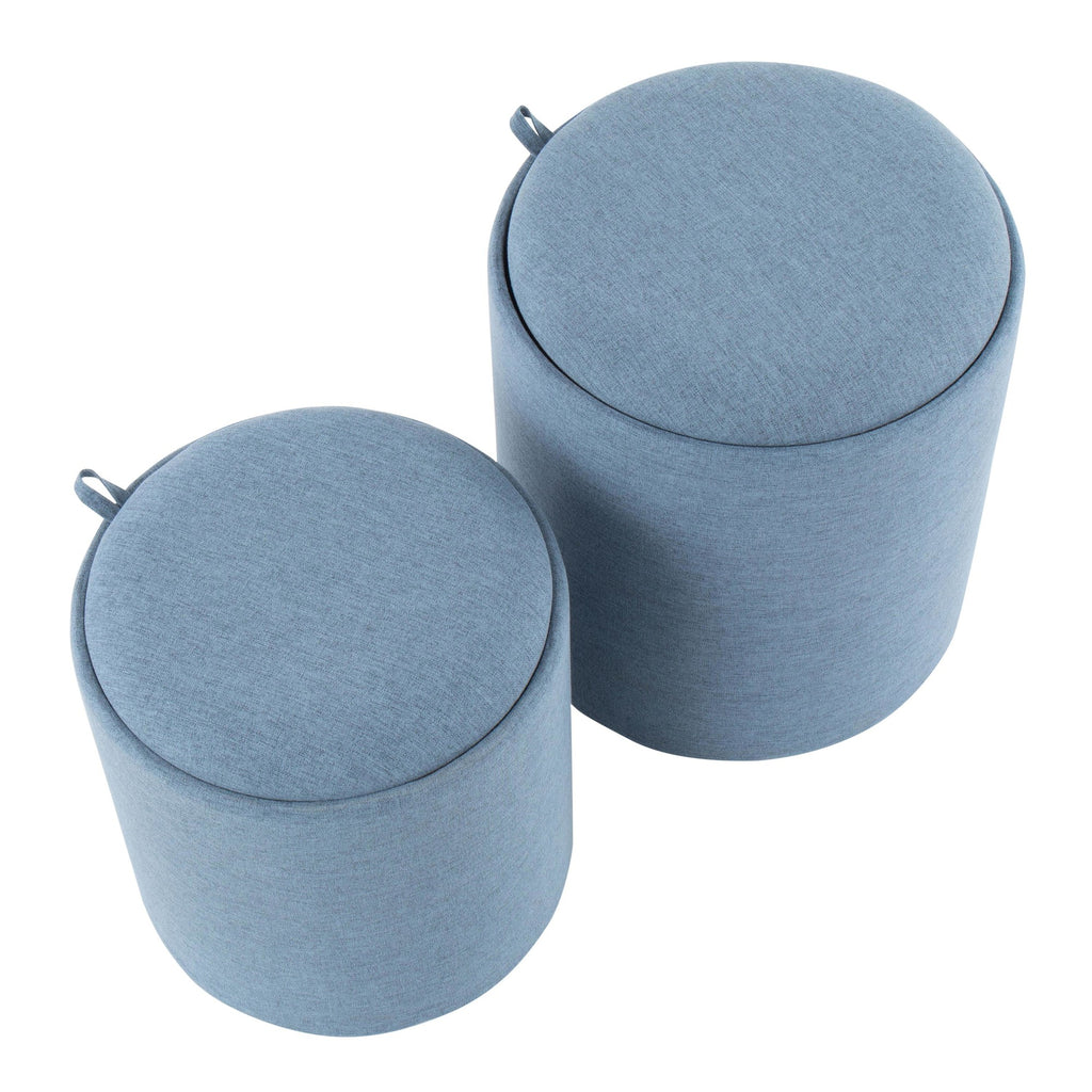 Tray Nesting Ottoman Set - Blue Fabric, Natural Wood