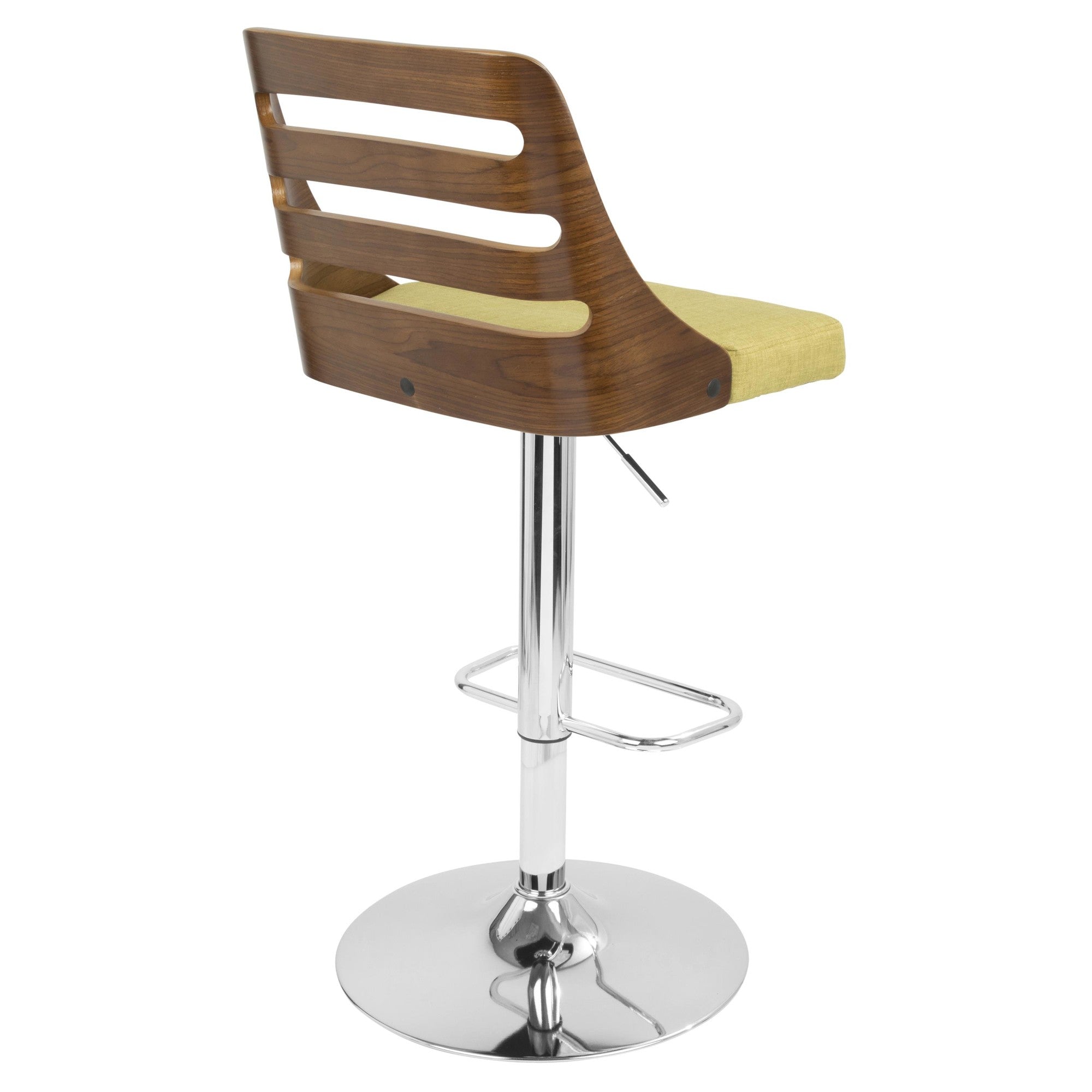 Trevi Adjustable Barstool - Chrome, Walnut Wood, Green Fabric