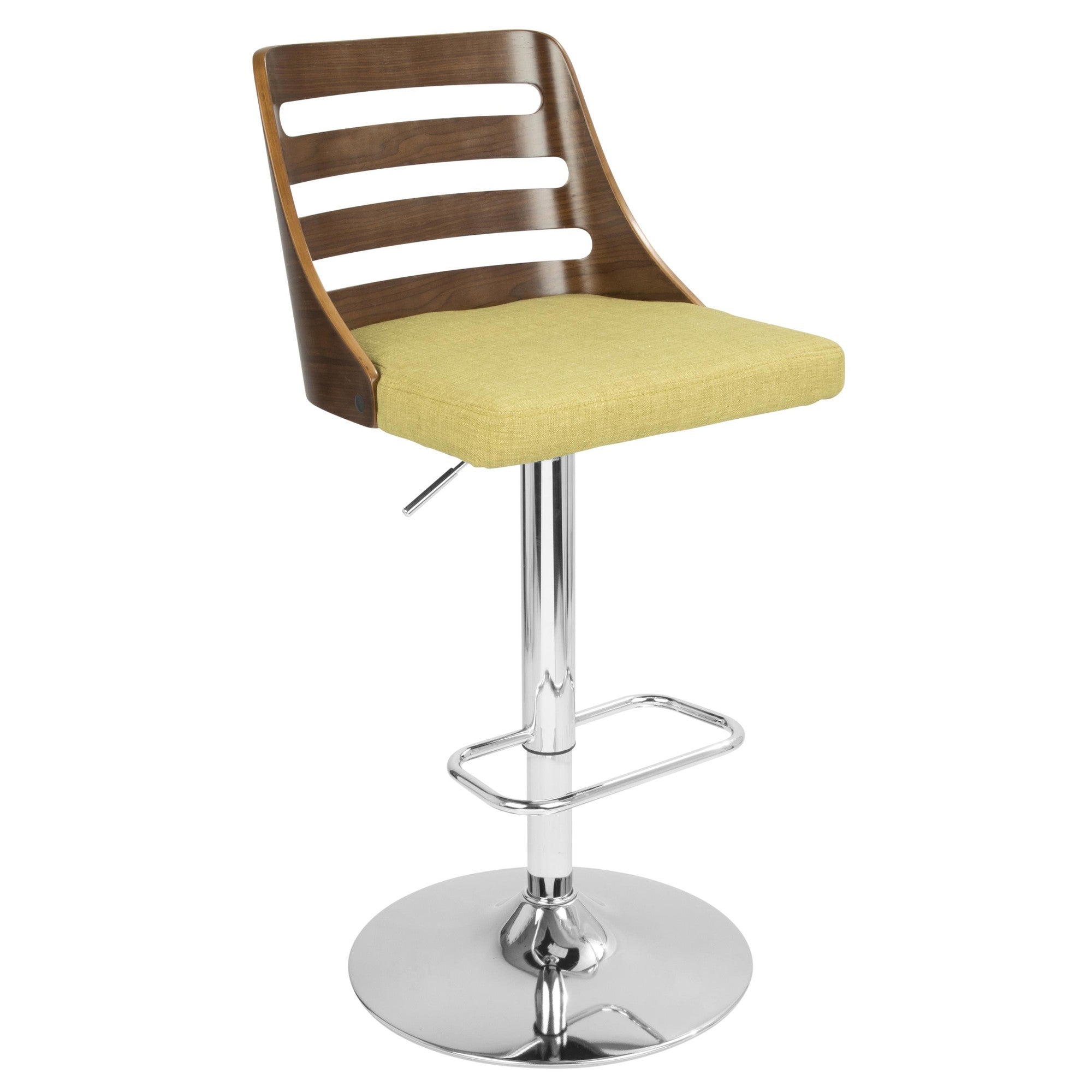 Trevi Adjustable Barstool - Chrome, Walnut Wood, Green Fabric