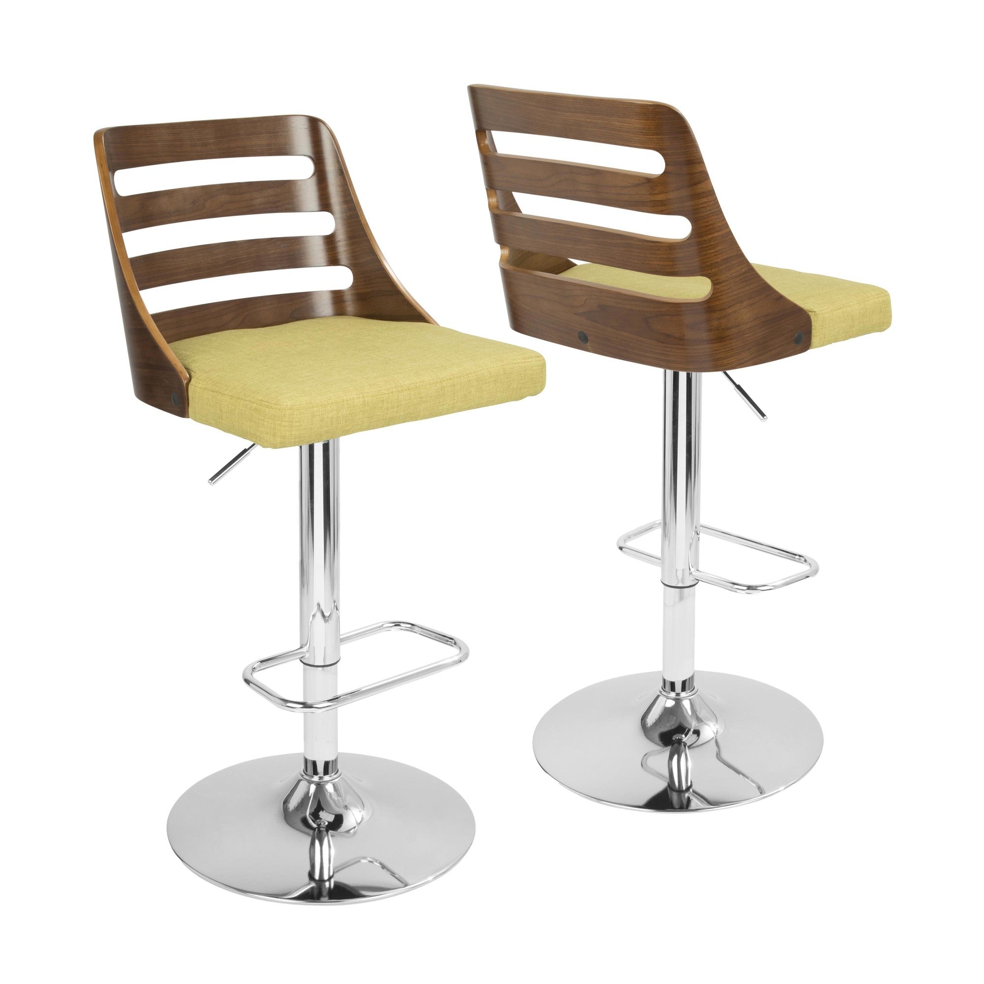 Trevi Adjustable Barstool - Chrome, Walnut Wood, Green Fabric