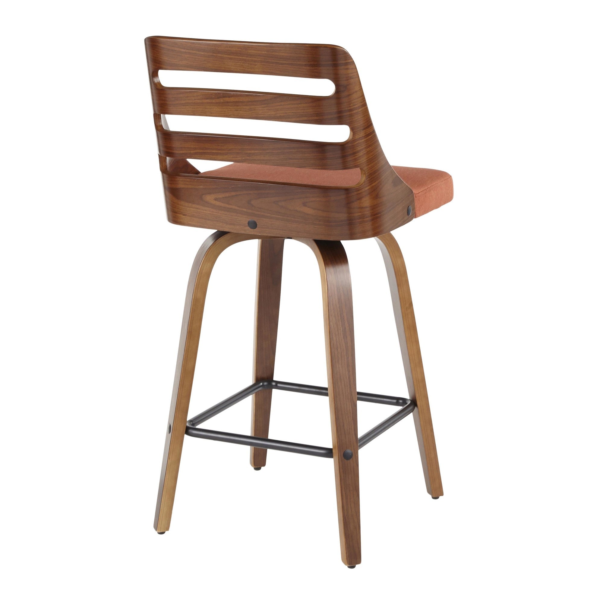 Trevi 26'' Fixed-Height Counter Stool - Set of 2 - Walnut Wood, Orange Fabric, Black Metal